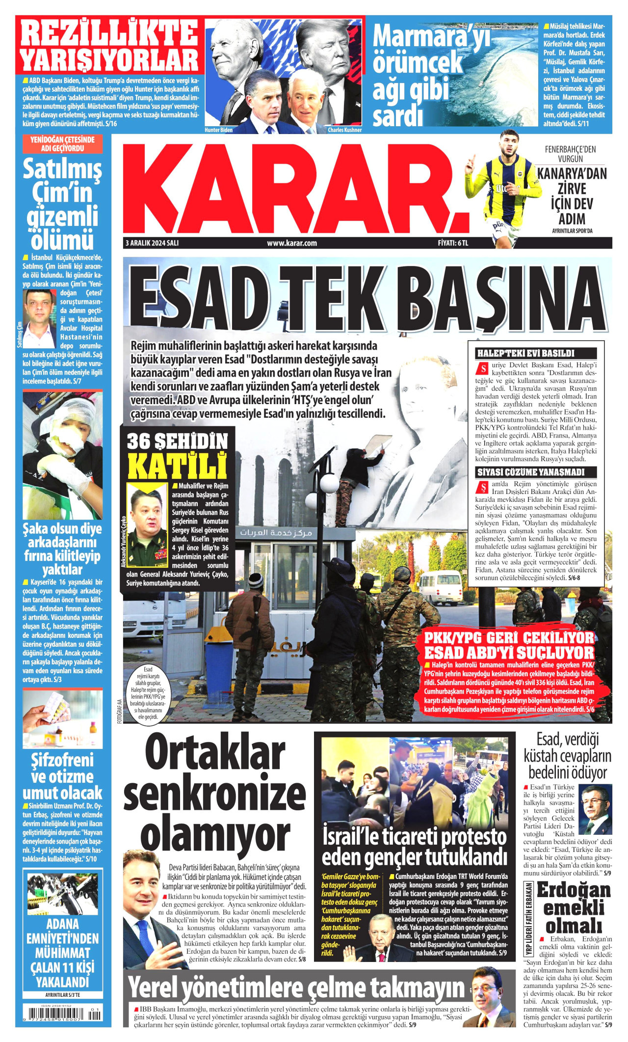 KARAR gazetesinin 3 Aralık 2024 tarihli birinci sayfası