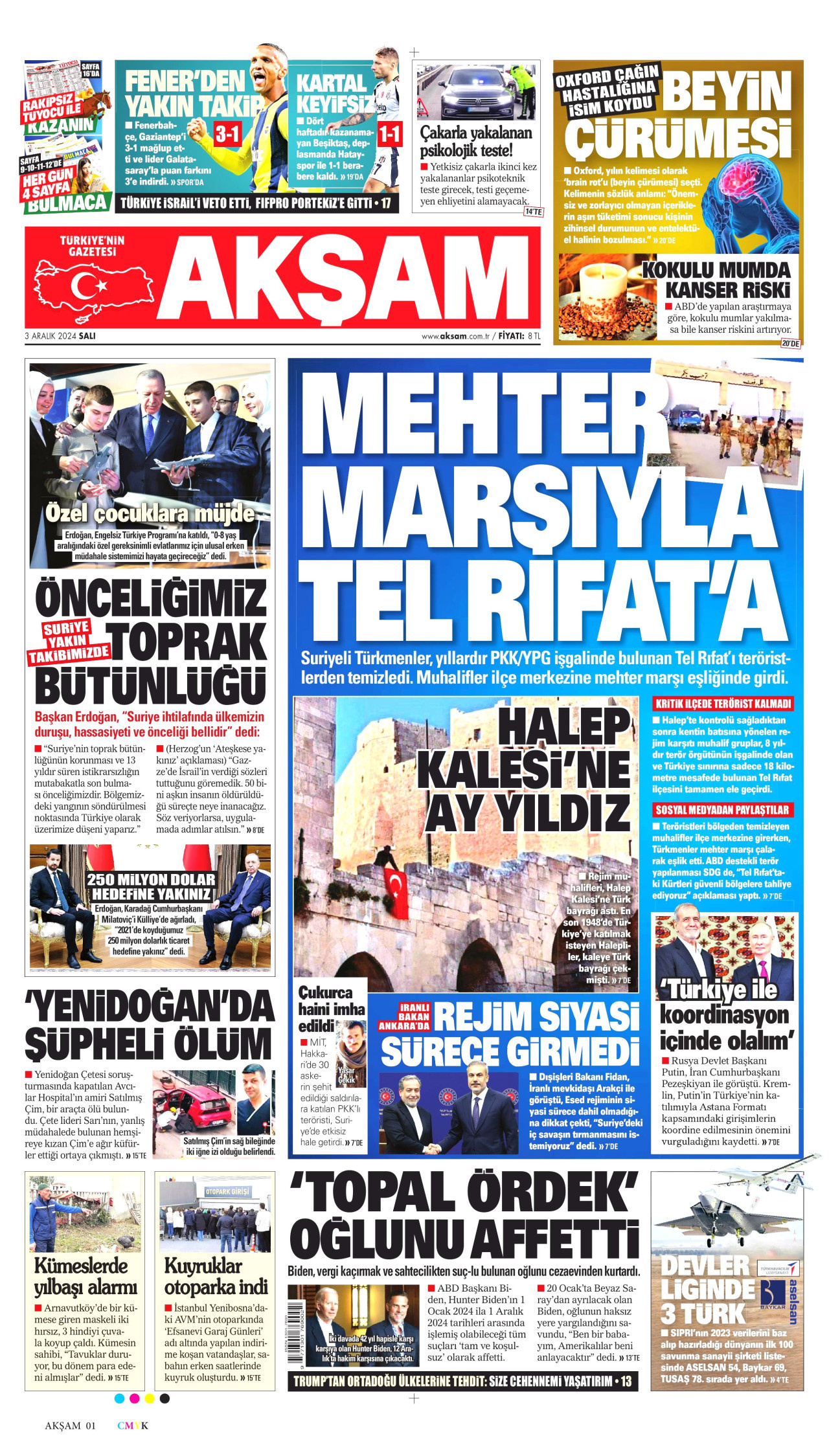 AKŞAM gazetesinin 3 Aralık 2024 tarihli birinci sayfası