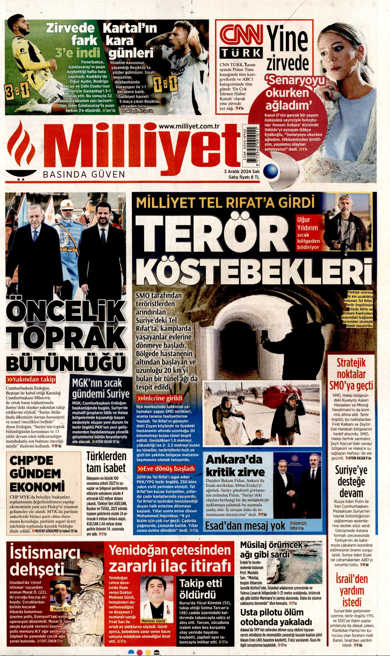MİLLİYET gazetesinin 3 Aralık 2024 tarihli birinci sayfası