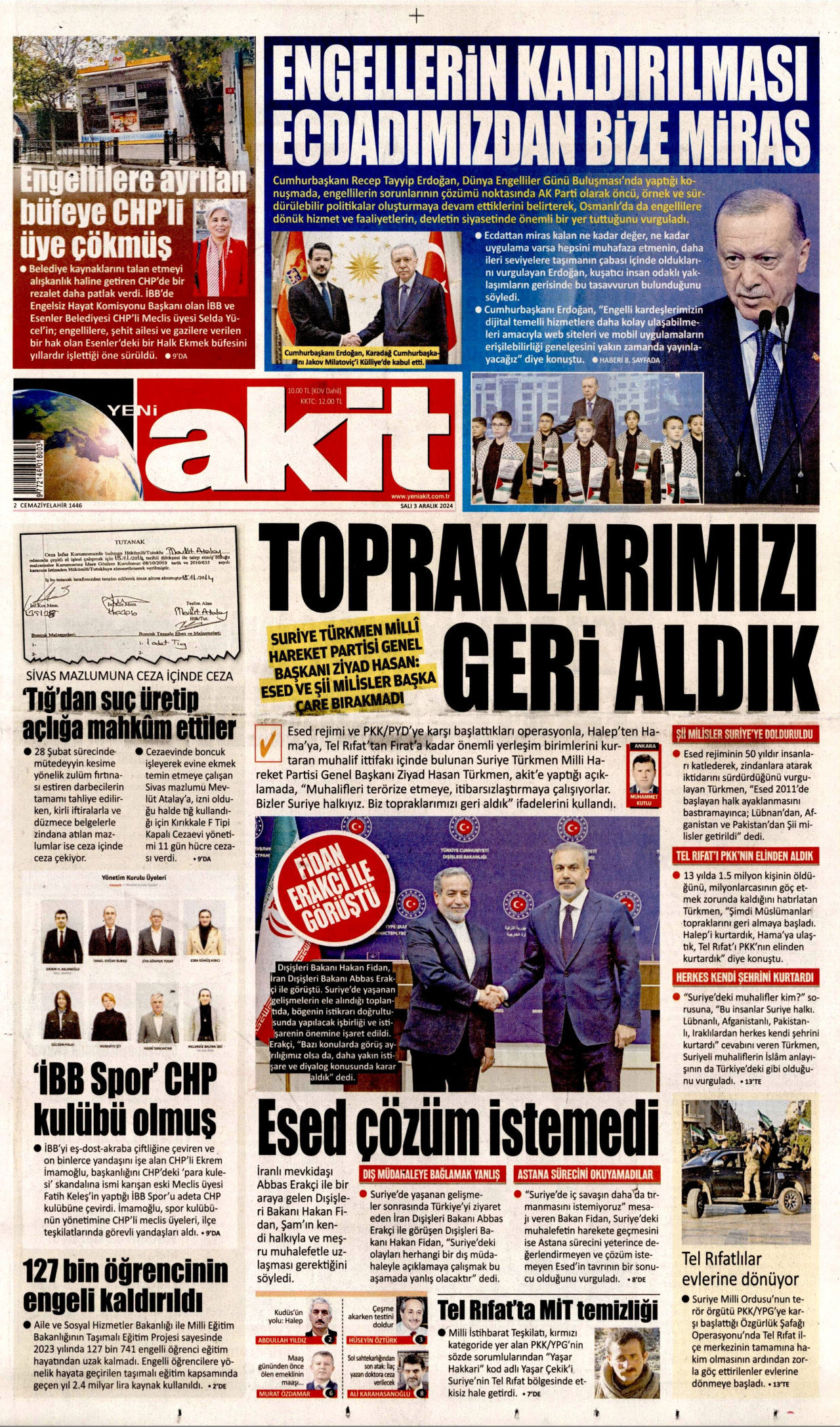 YENİ AKİT gazetesinin 3 Aralık 2024 tarihli birinci sayfası