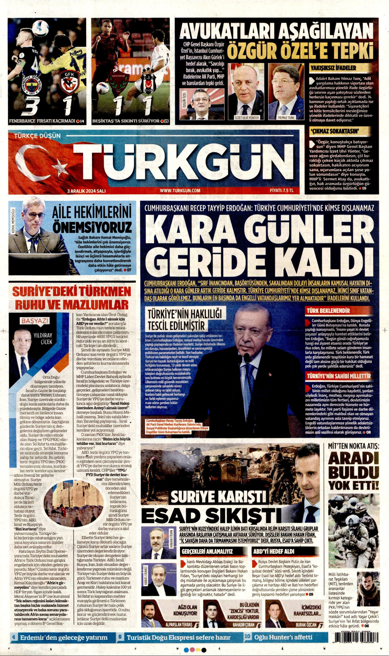TÜRKGÜN gazetesinin 3 Aralık 2024 tarihli birinci sayfası