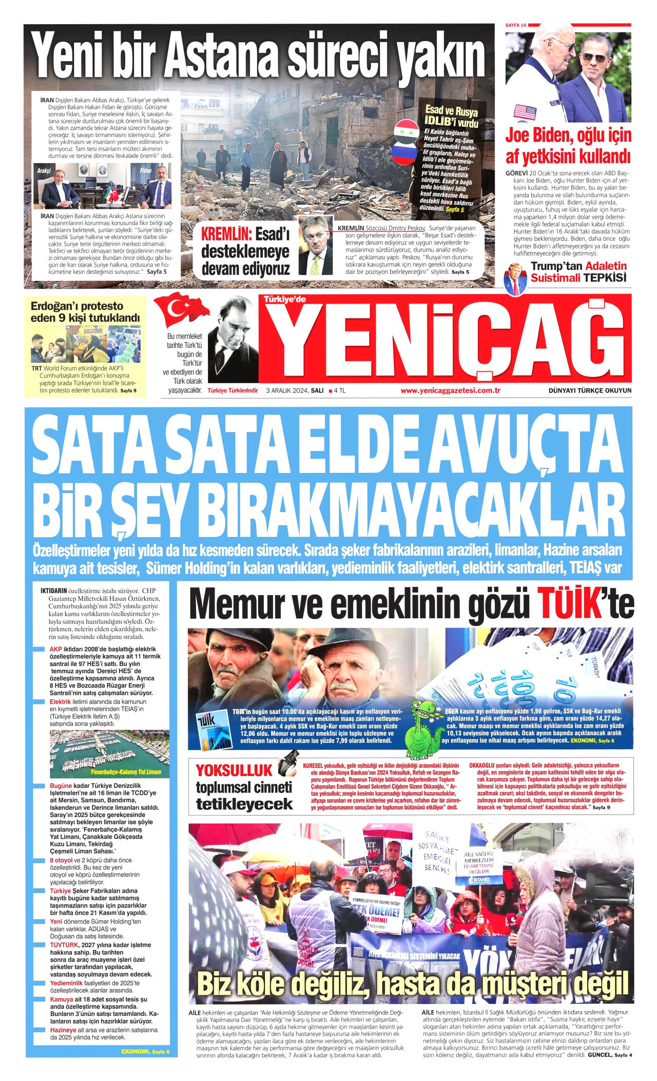 YENİÇAĞ gazetesinin 3 Aralık 2024 tarihli birinci sayfası