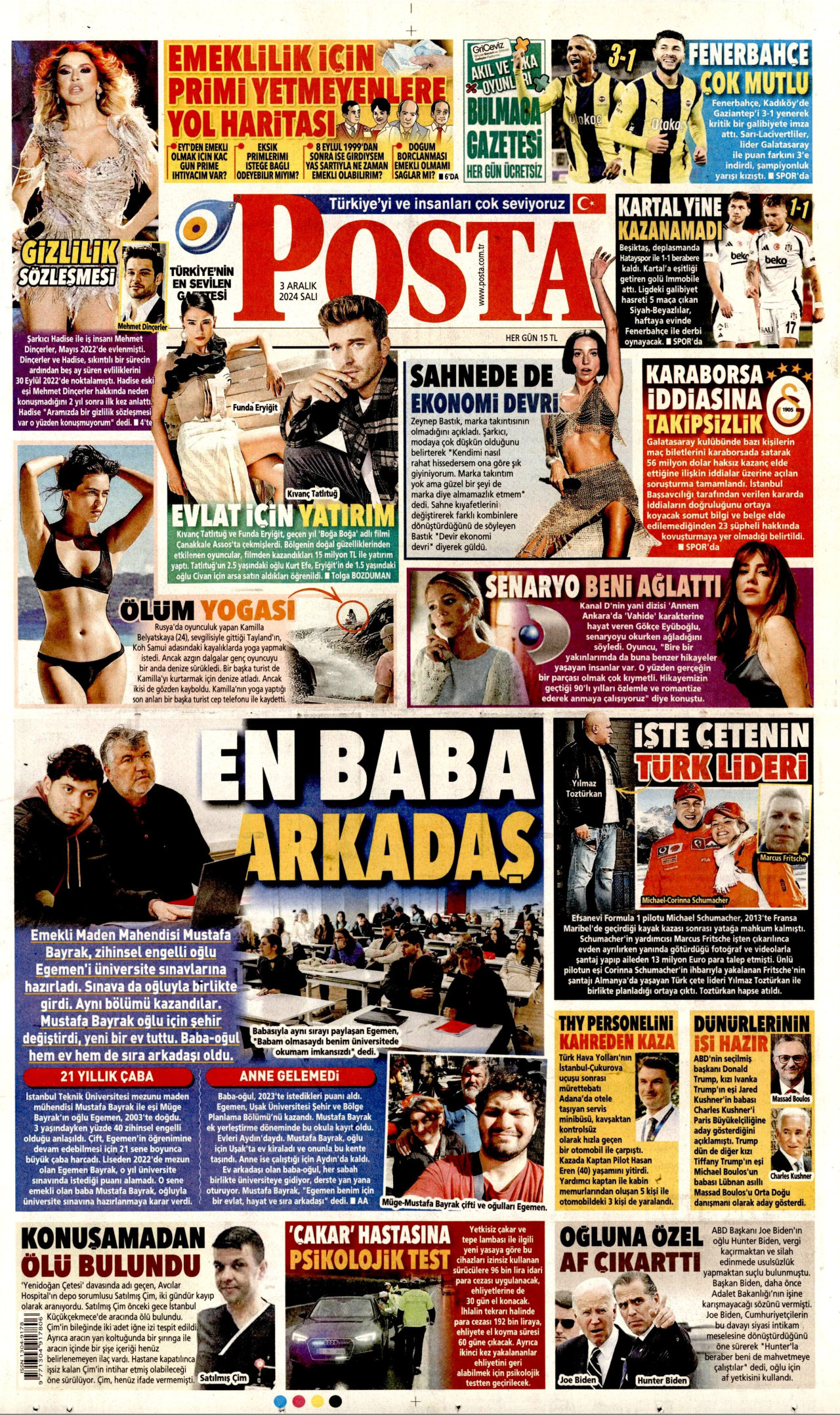 POSTA gazetesinin 3 Aralık 2024 tarihli birinci sayfası