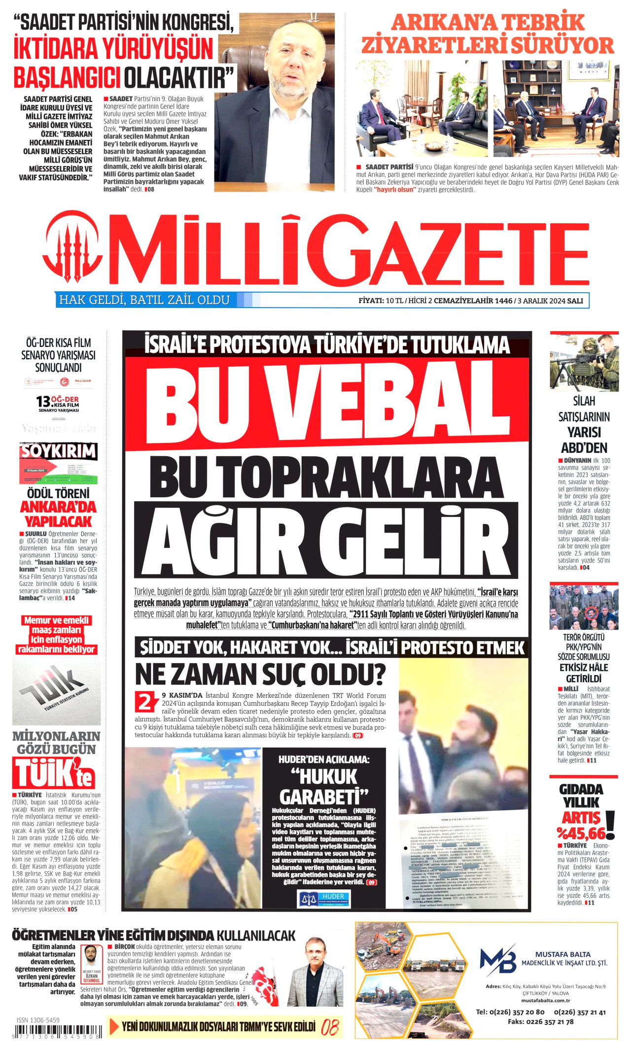 MİLLİ GAZETE gazetesinin 3 Aralık 2024 tarihli birinci sayfası