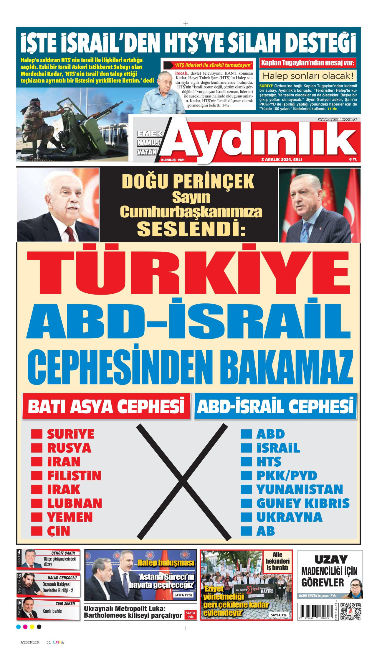 AYDINLIK GAZETESİ gazetesinin 3 Aralık 2024 tarihli birinci sayfası