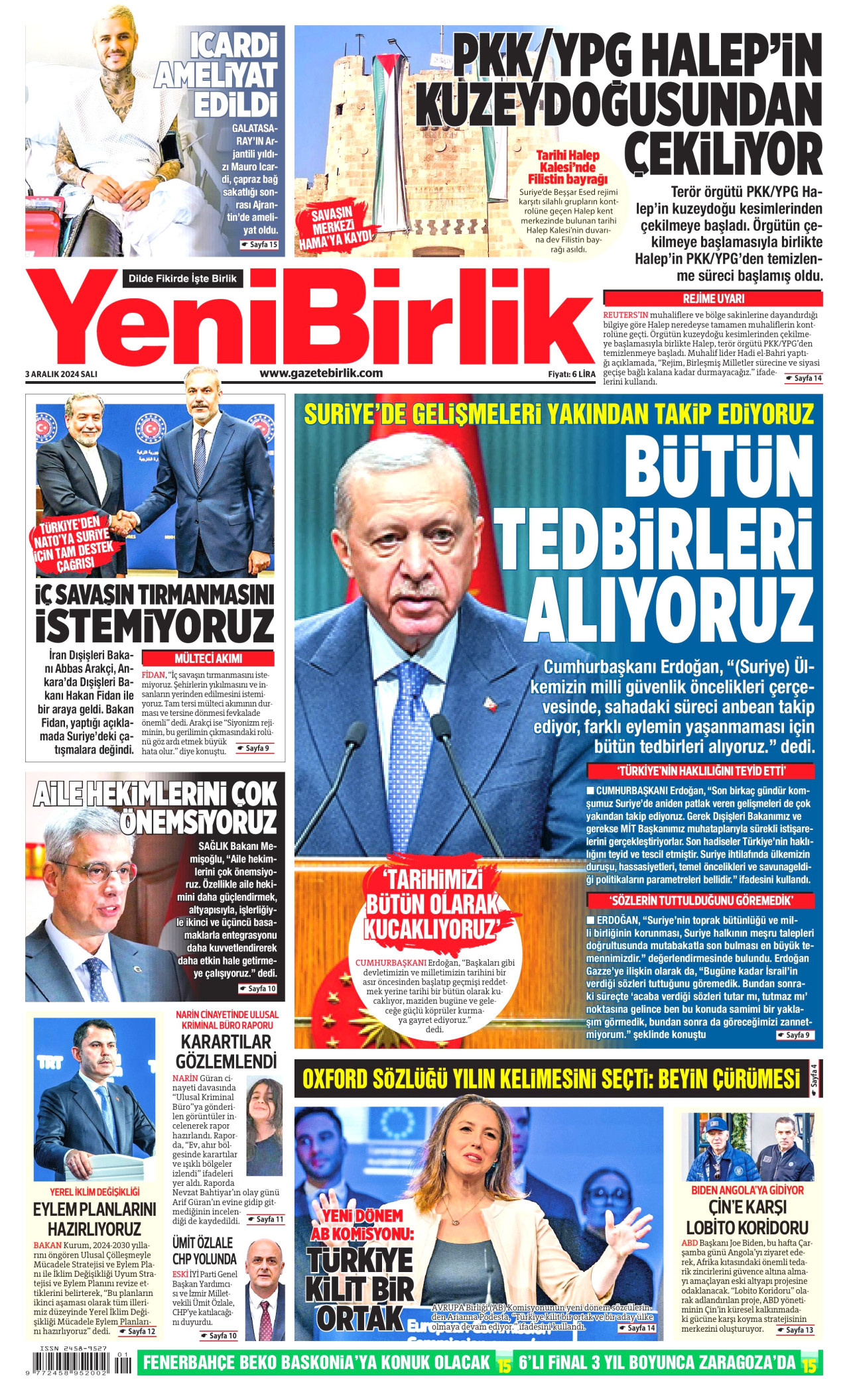 YENİBİRLİK gazetesinin 3 Aralık 2024 tarihli birinci sayfası