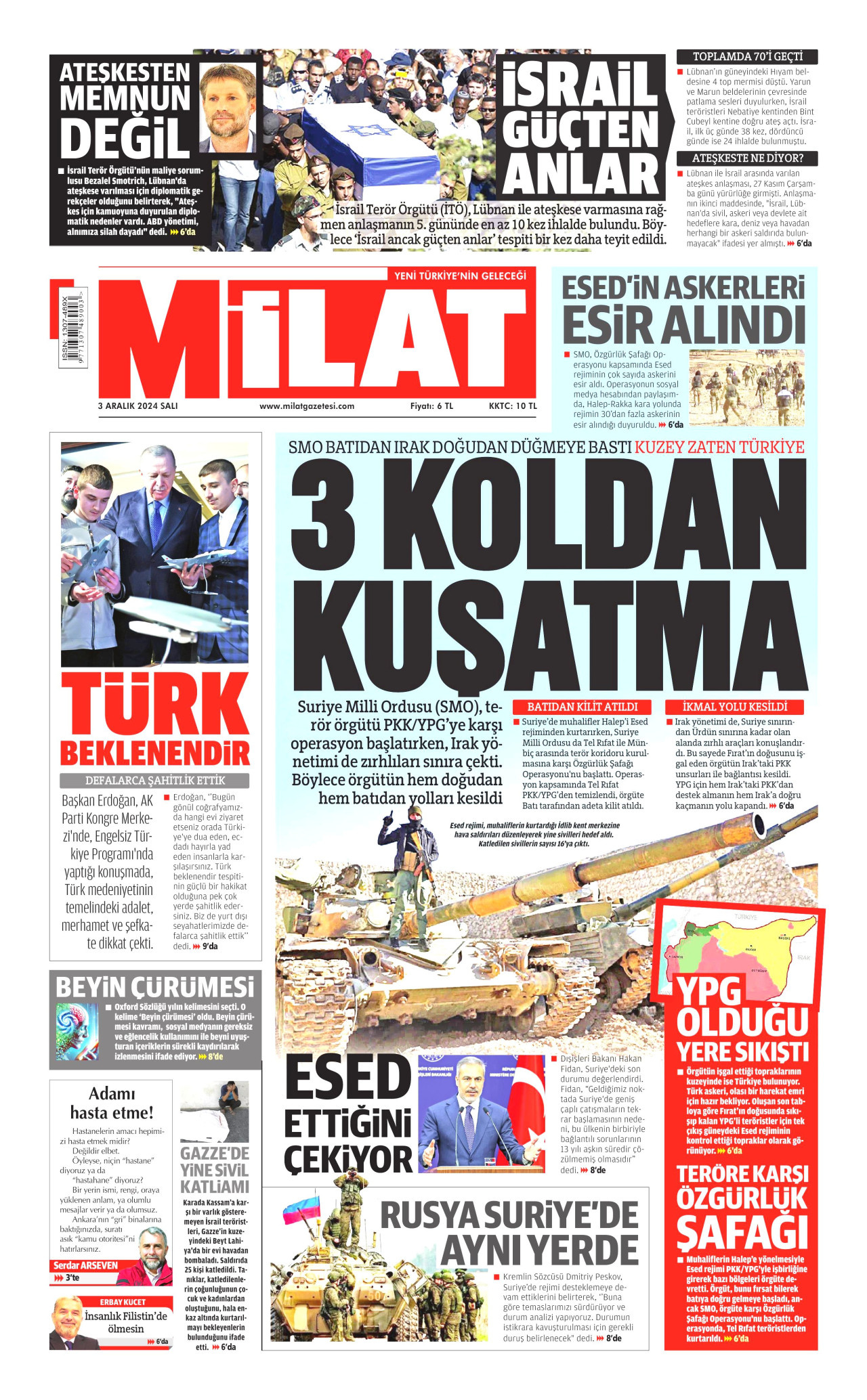 MİLAT gazetesinin 3 Aralık 2024 tarihli birinci sayfası