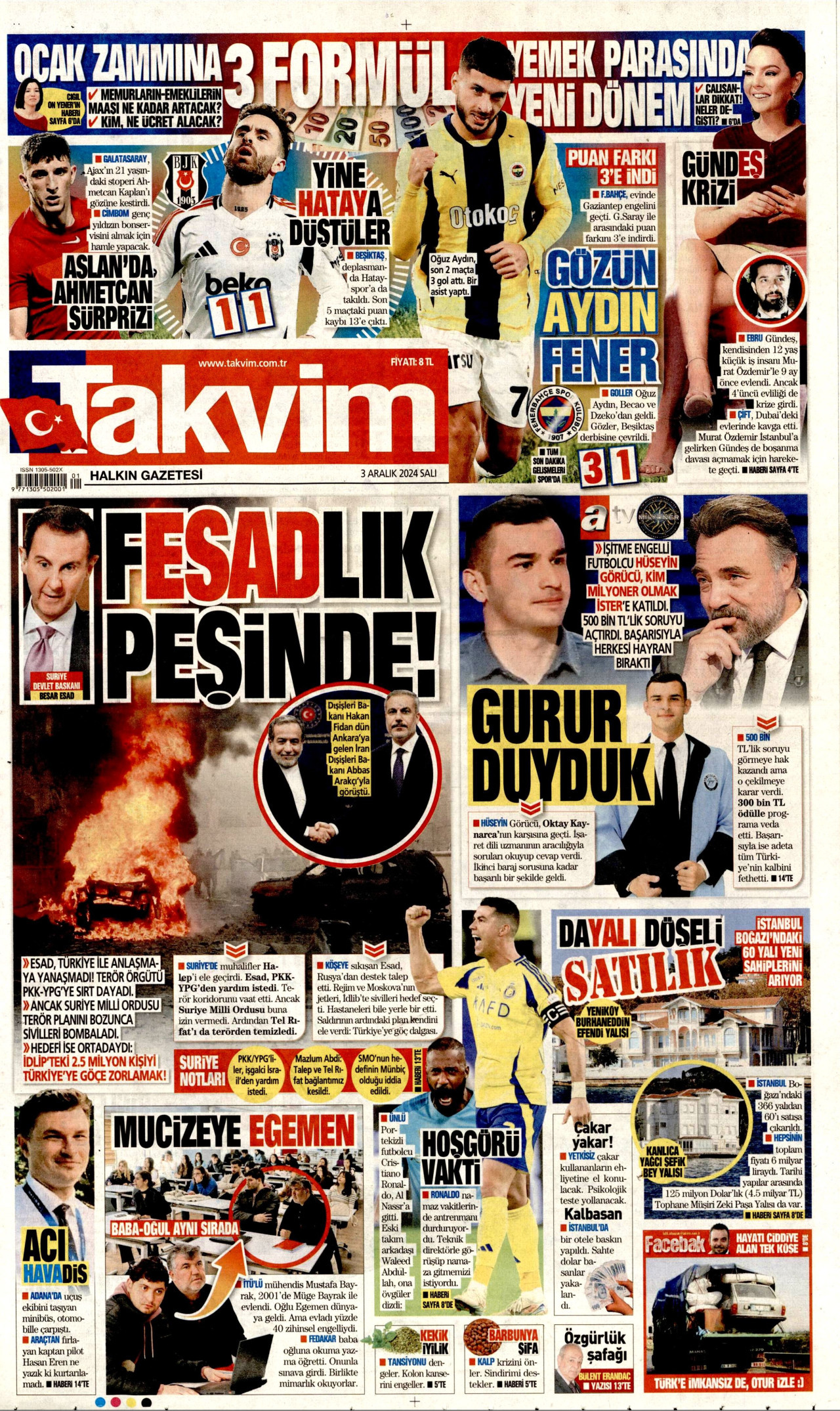TAKVİM gazetesinin 3 Aralık 2024 tarihli birinci sayfası