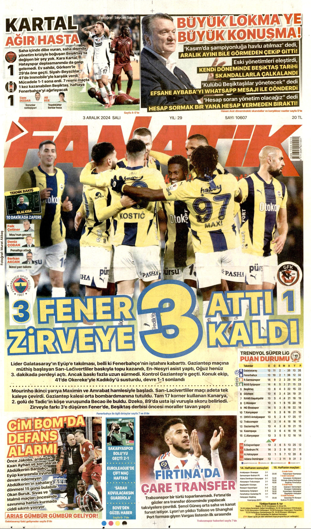 FANATİK gazetesinin 3 Aralık 2024 tarihli birinci sayfası