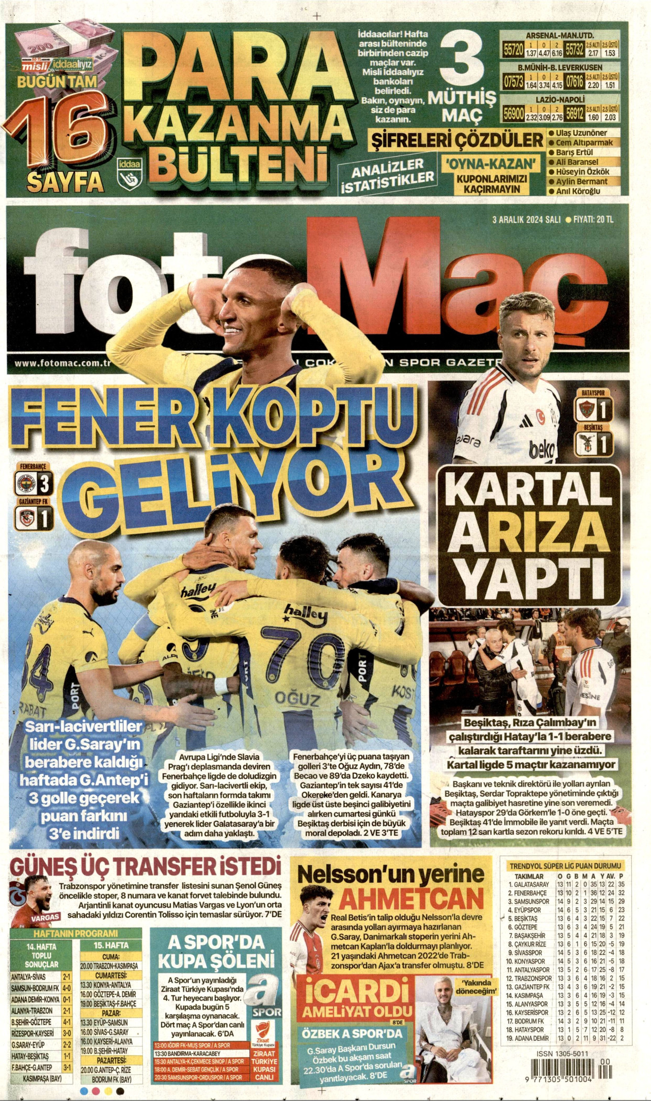 FOTOMAÇ gazetesinin 3 Aralık 2024 tarihli birinci sayfası