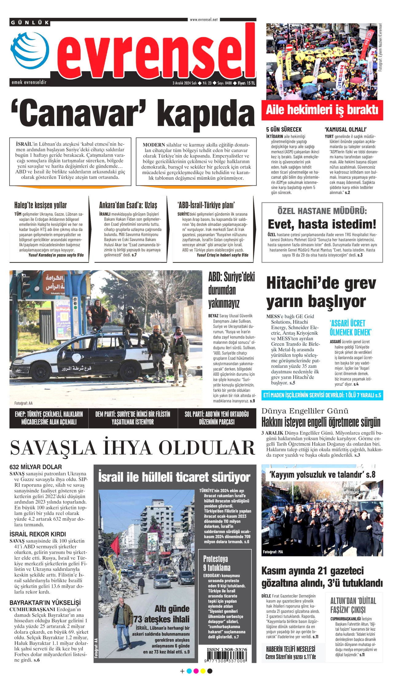 EVRENSEL gazetesinin 3 Aralık 2024 tarihli birinci sayfası