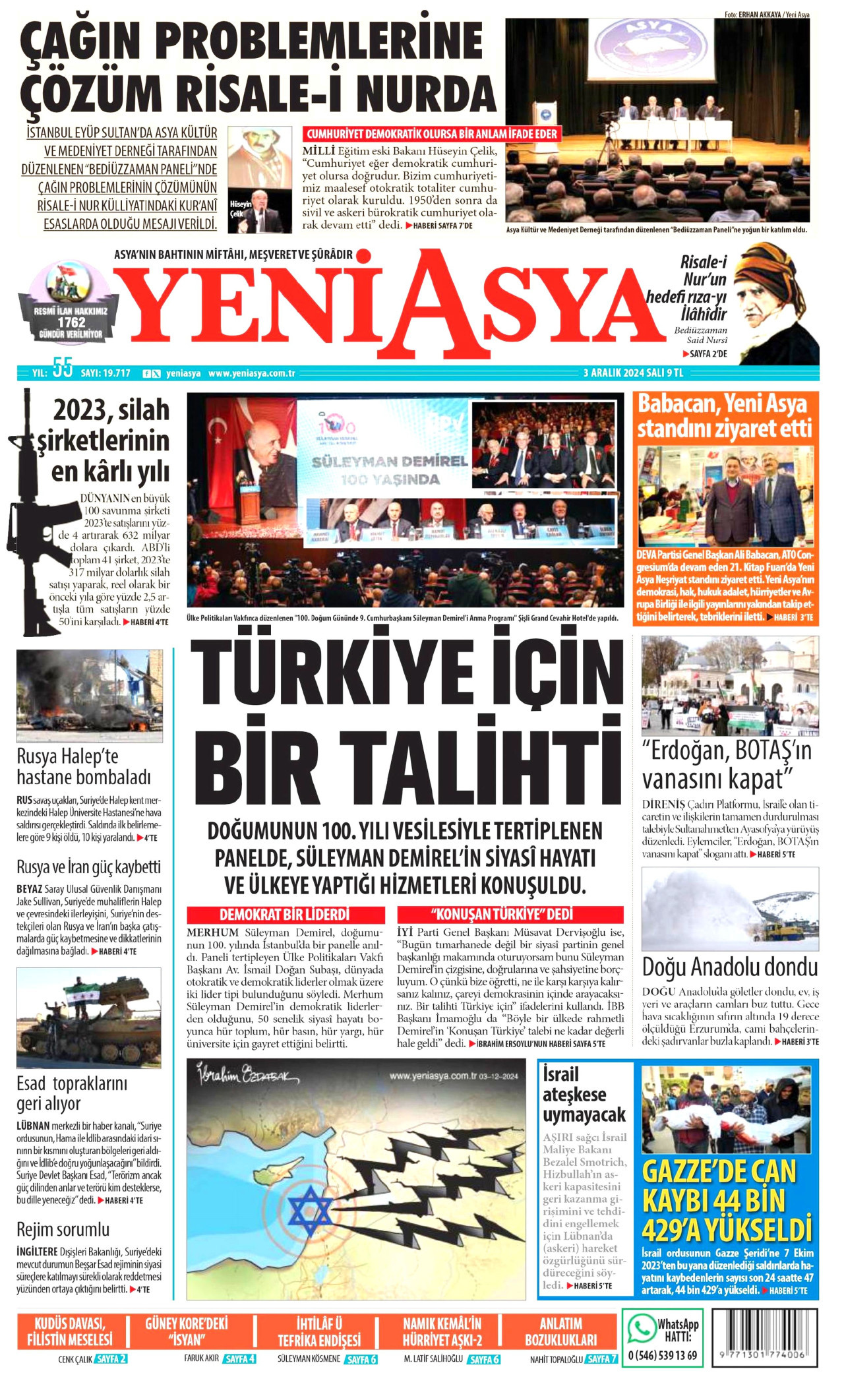 YENİ ASYA gazetesinin 3 Aralık 2024 tarihli birinci sayfası