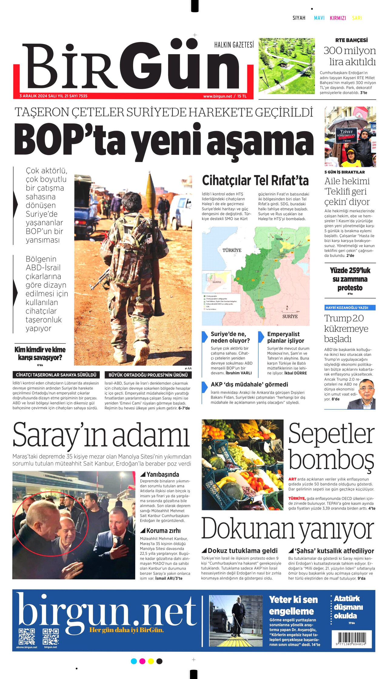 BİRGÜN gazetesinin 3 Aralık 2024 tarihli birinci sayfası