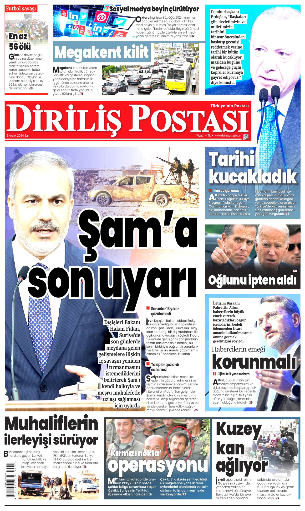 DİRİLİŞ POSTASI gazetesinin 3 Aralık 2024 tarihli birinci sayfası
