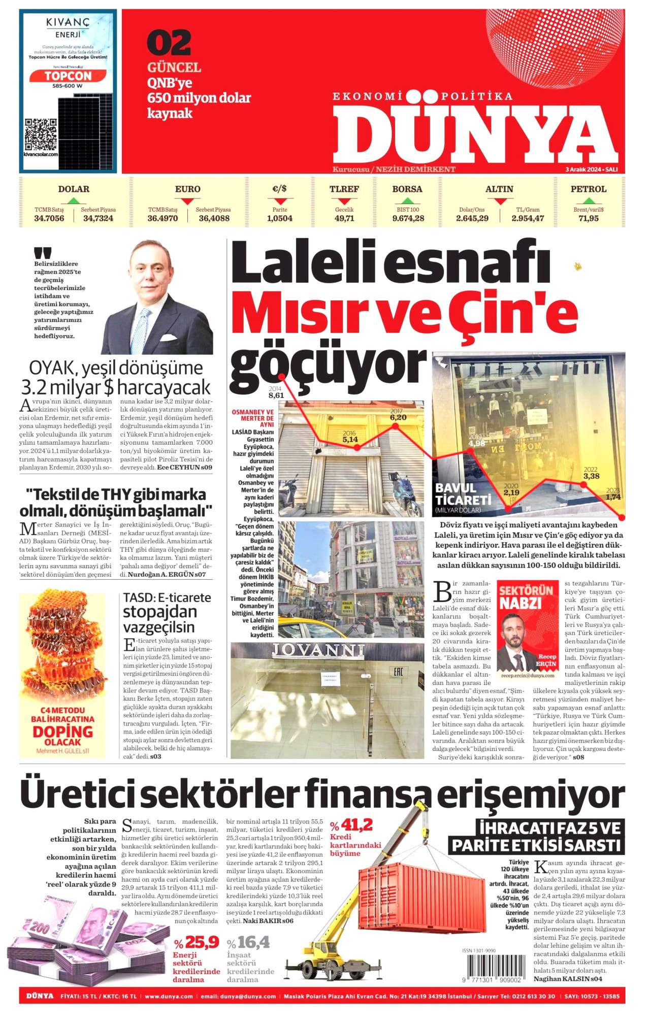 DÜNYA gazetesinin 3 Aralık 2024 tarihli birinci sayfası