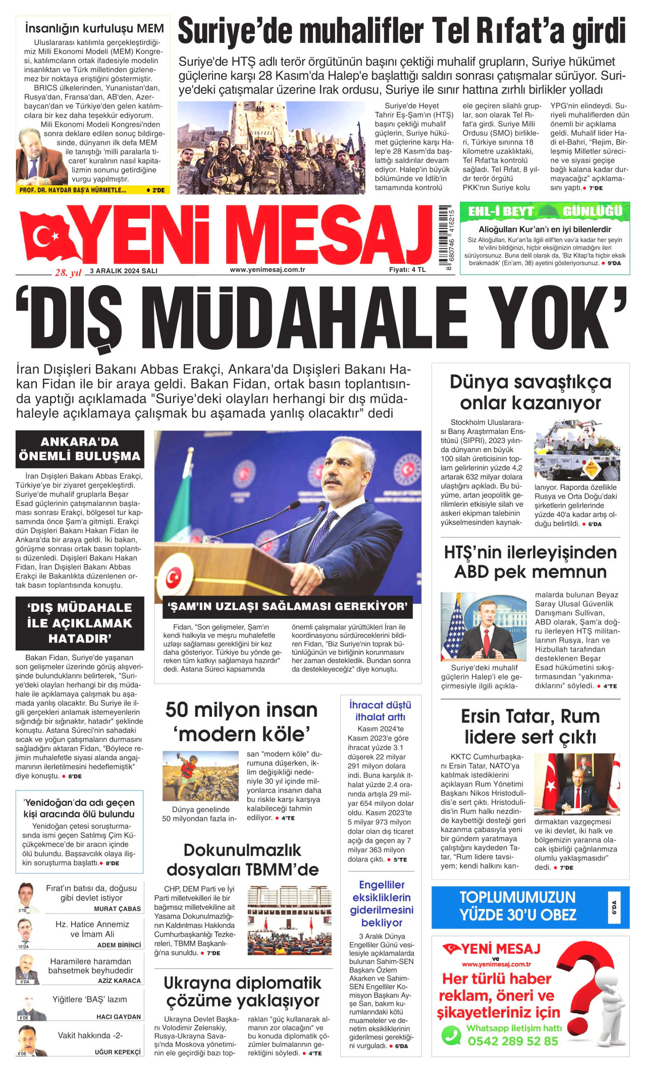 YENİ MESAJ gazetesinin 3 Aralık 2024 tarihli birinci sayfası