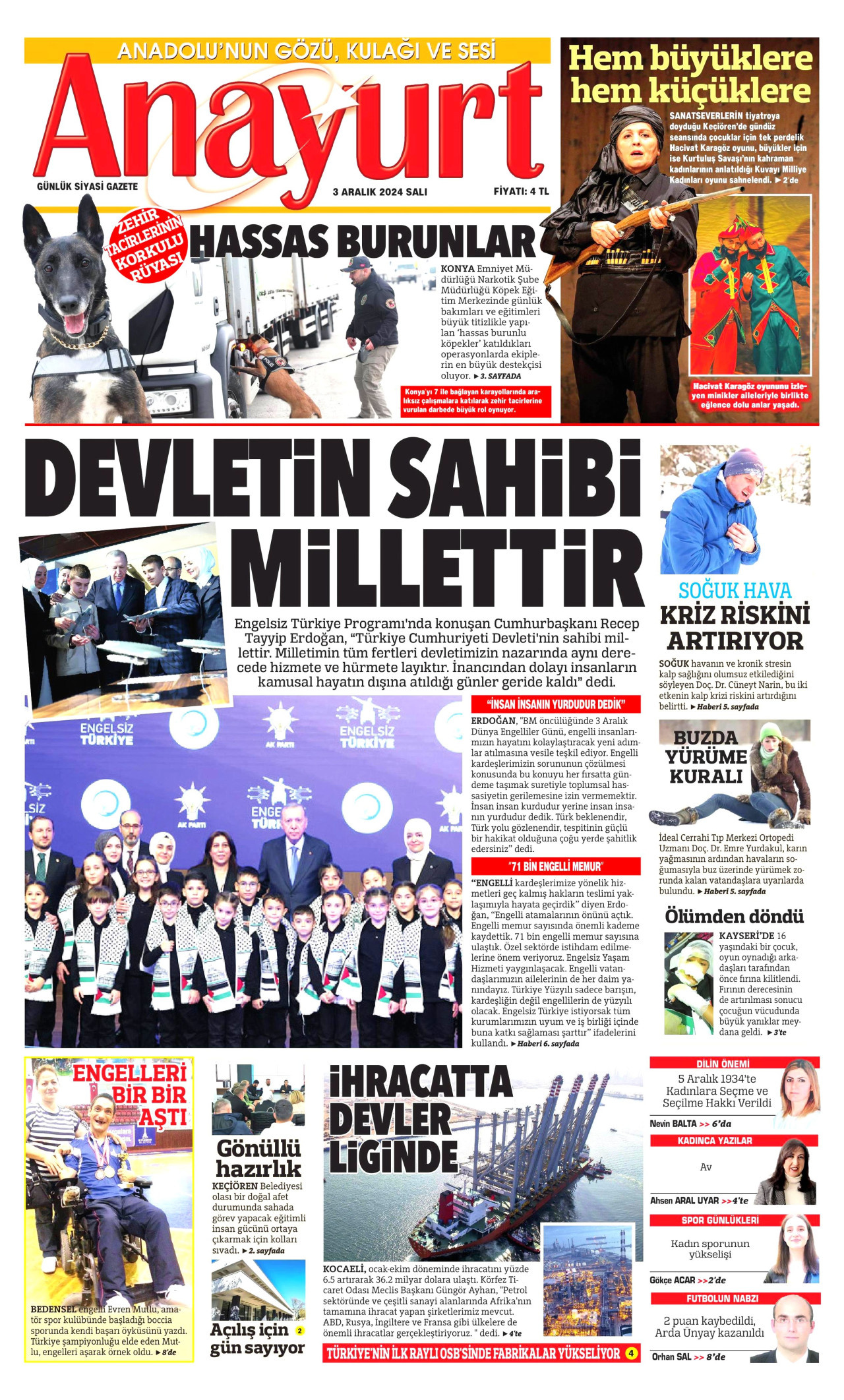 ANAYURT gazetesinin 3 Aralık 2024 tarihli birinci sayfası