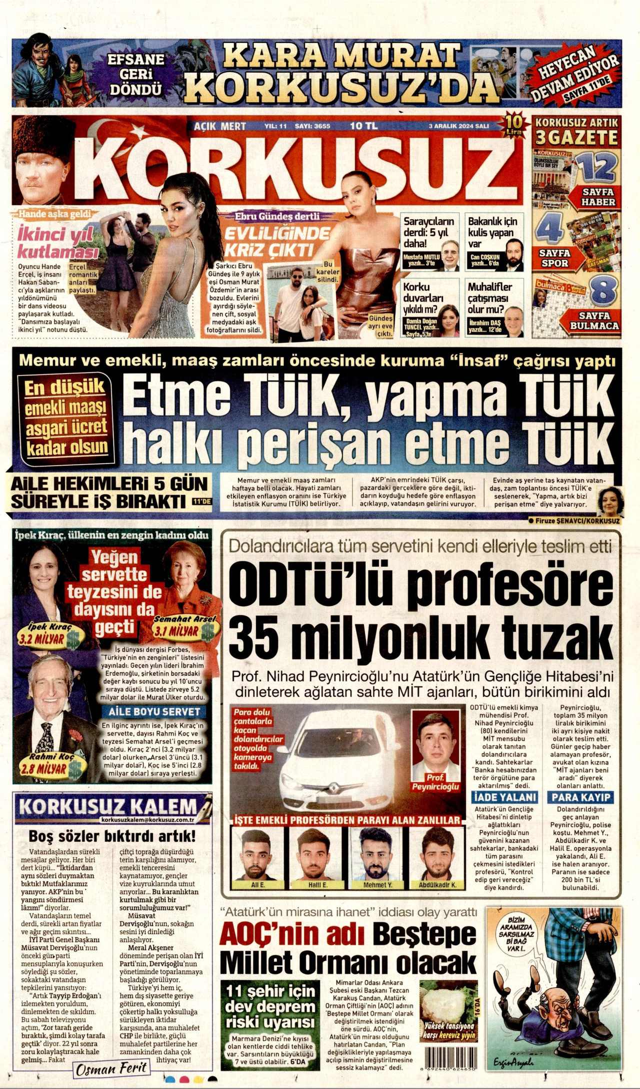 KORKUSUZ gazetesinin 3 Aralık 2024 tarihli birinci sayfası