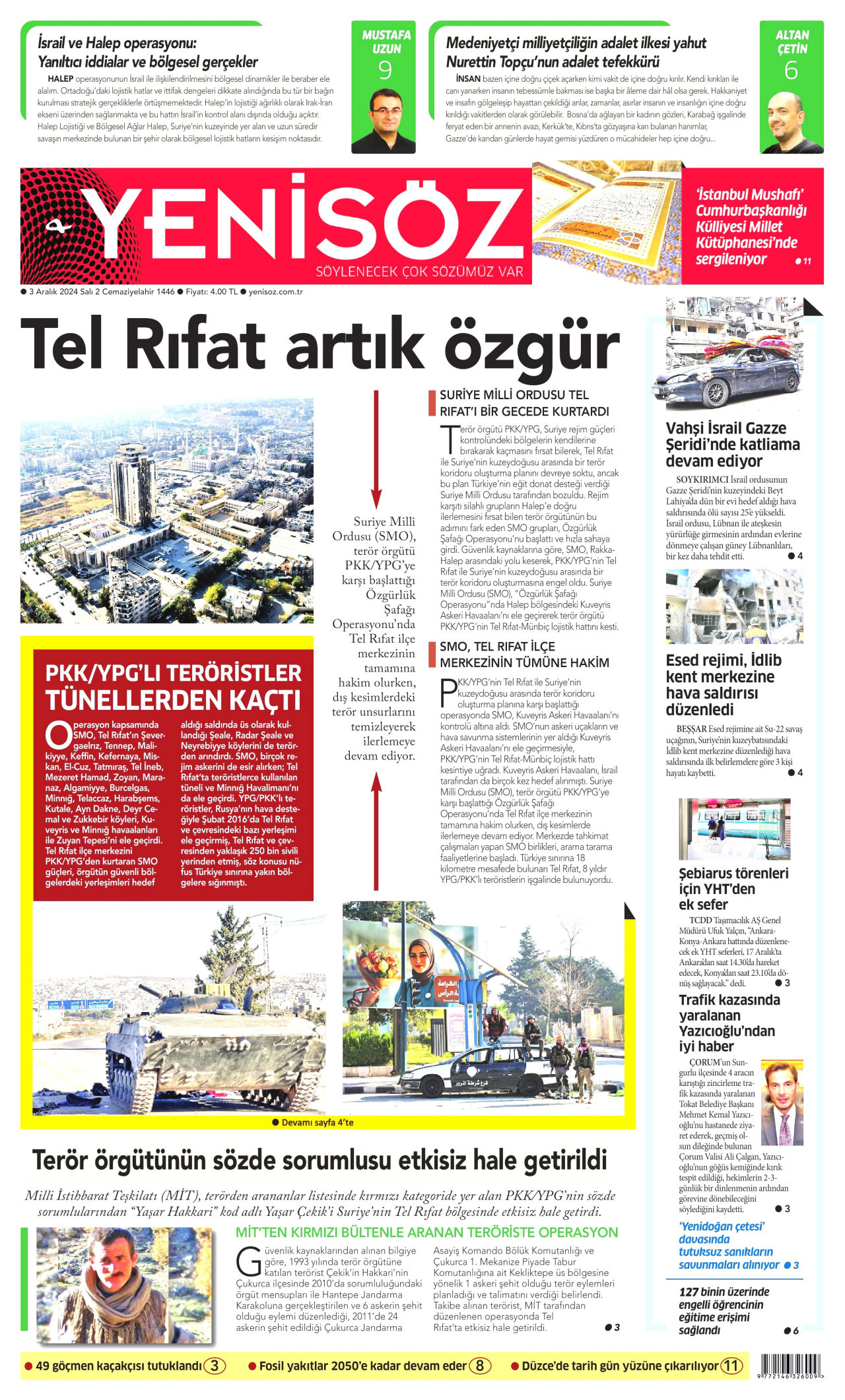 YENİ SÖZ GAZETESİ gazetesinin 3 Aralık 2024 tarihli birinci sayfası