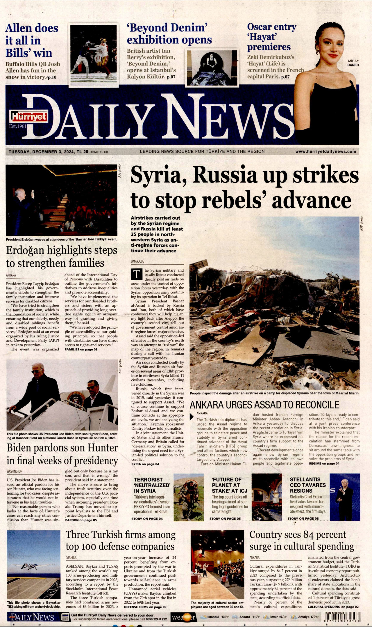 HÜRRİYET DAİLY NEWS gazetesinin 3 Aralık 2024 tarihli birinci sayfası
