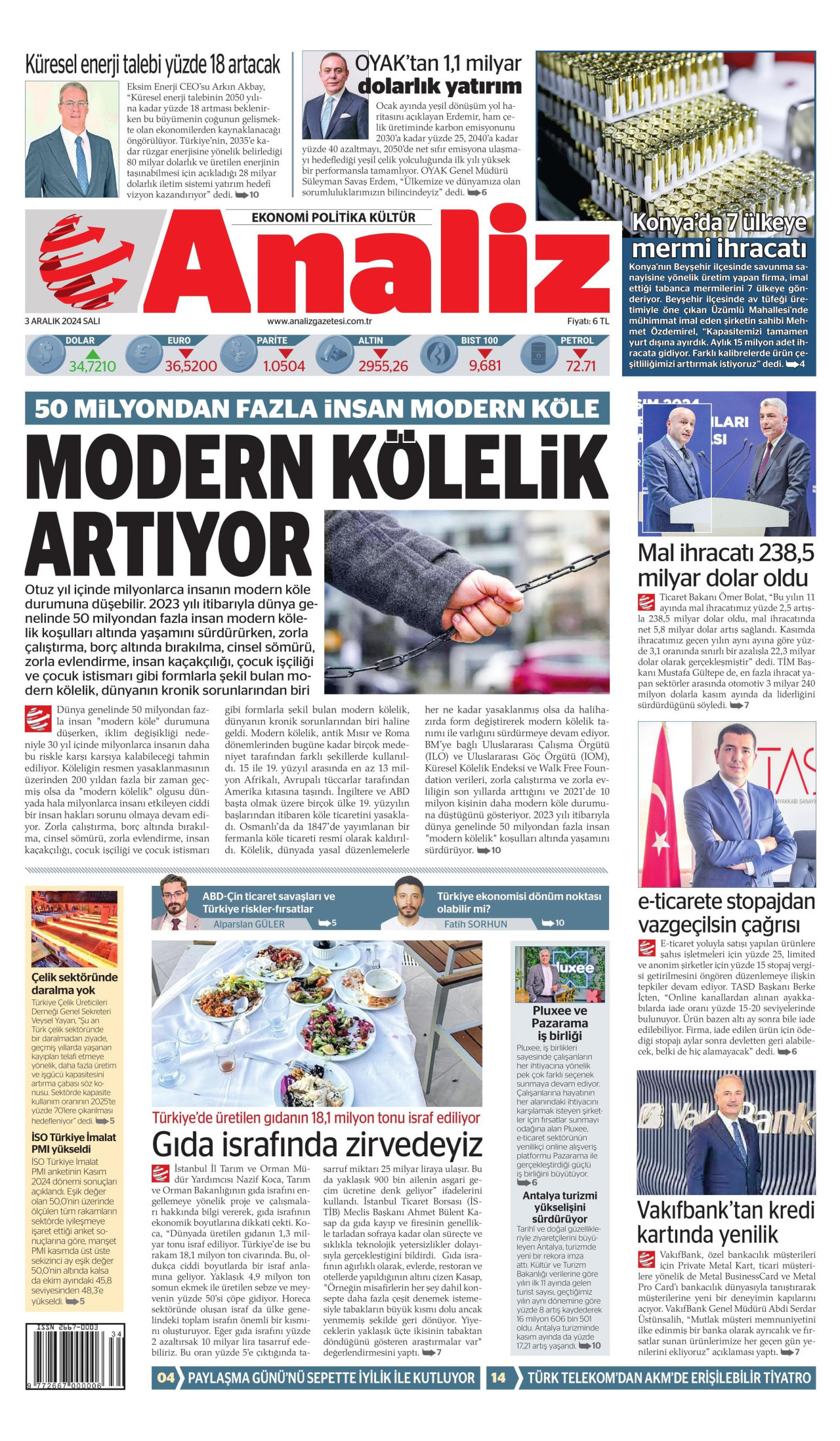 ANALİZ gazetesinin 3 Aralık 2024 tarihli birinci sayfası