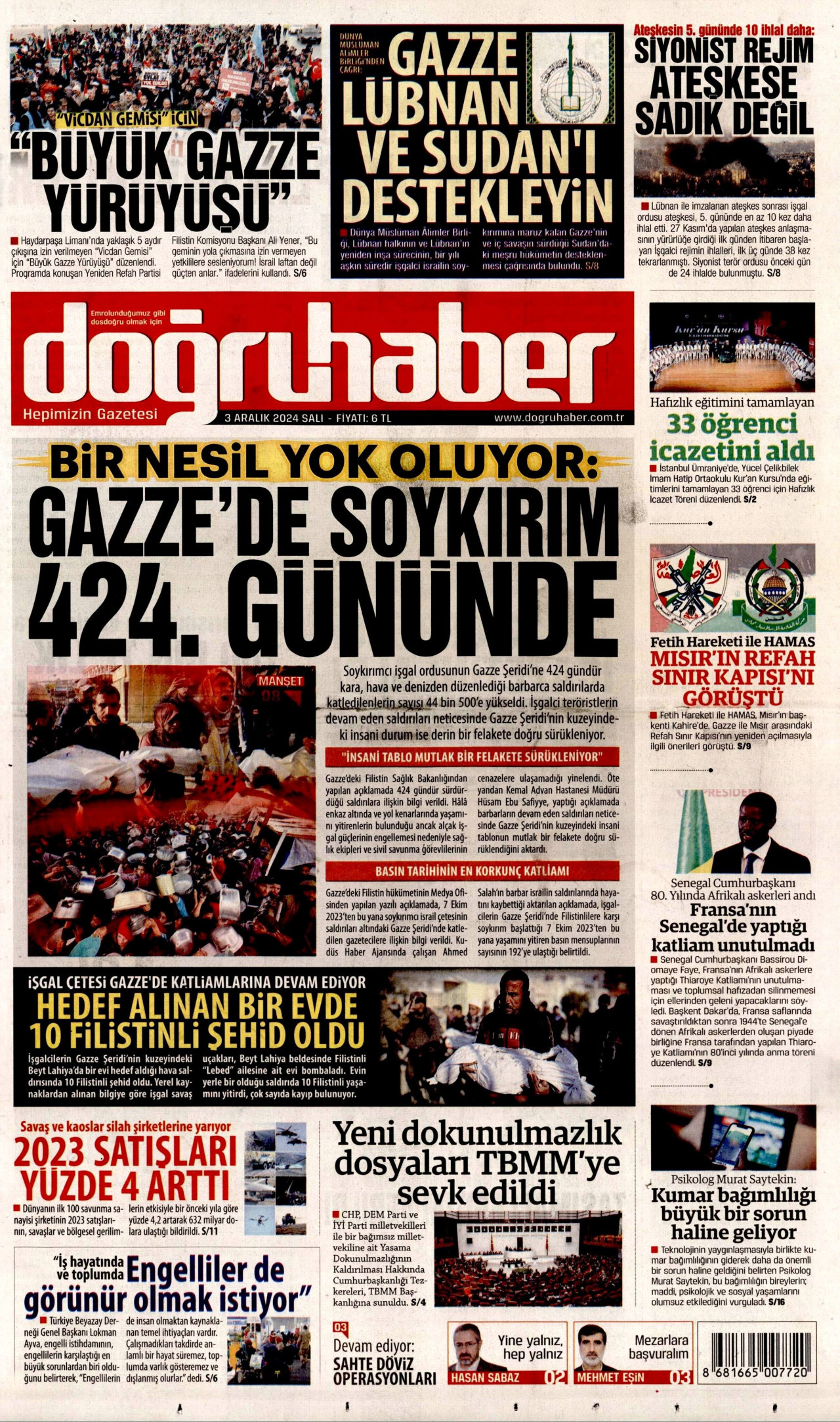 DOĞRU HABER gazetesinin 3 Aralık 2024 tarihli birinci sayfası