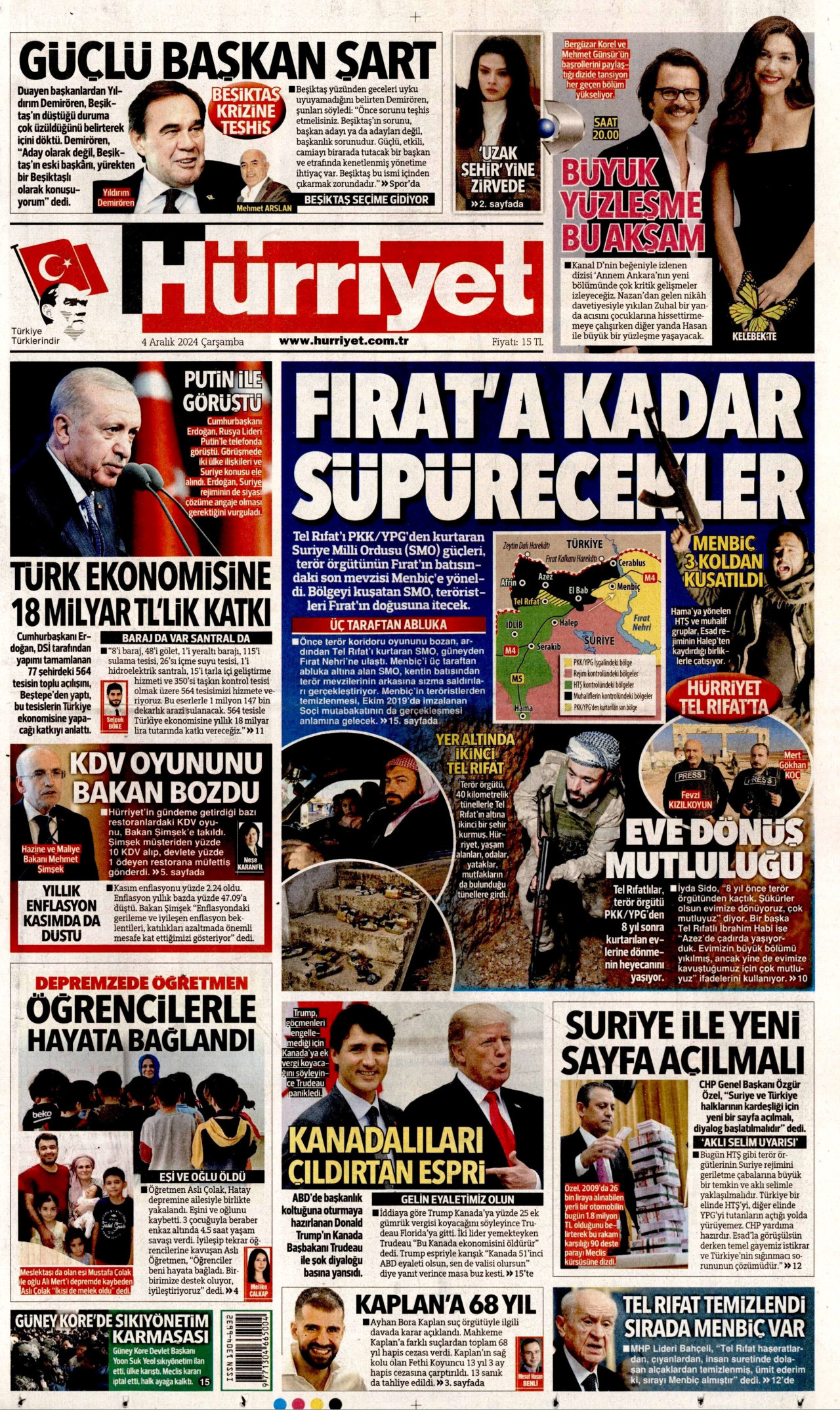 HÜRRİYET gazetesinin 4 Aralık 2024 tarihli birinci sayfası