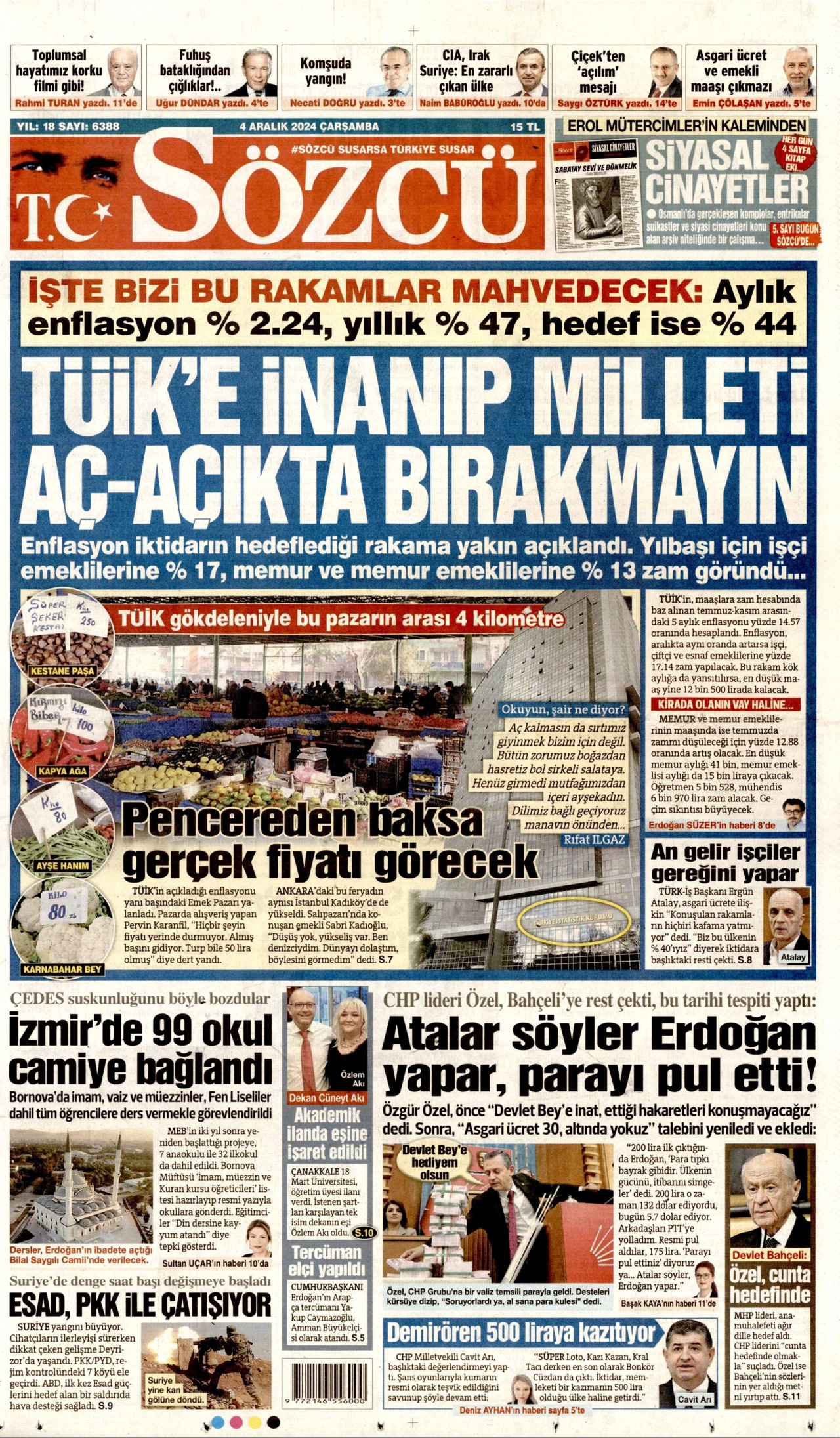SÖZCÜ gazetesinin 4 Aralık 2024 tarihli birinci sayfası