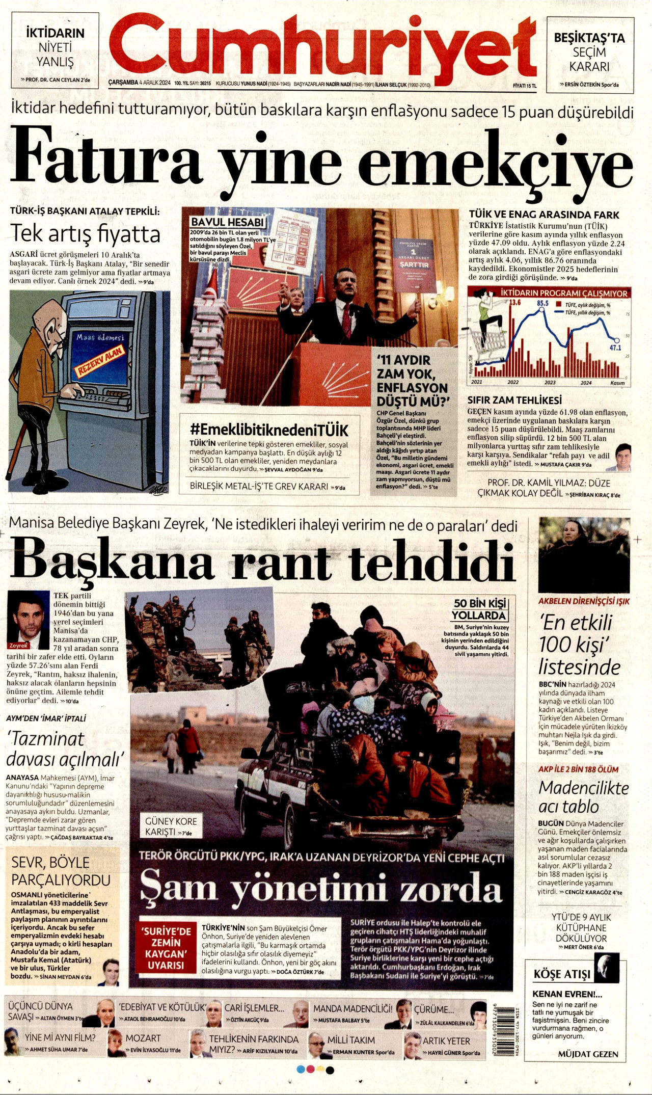 CUMHURİYET gazetesinin 4 Aralık 2024 tarihli birinci sayfası