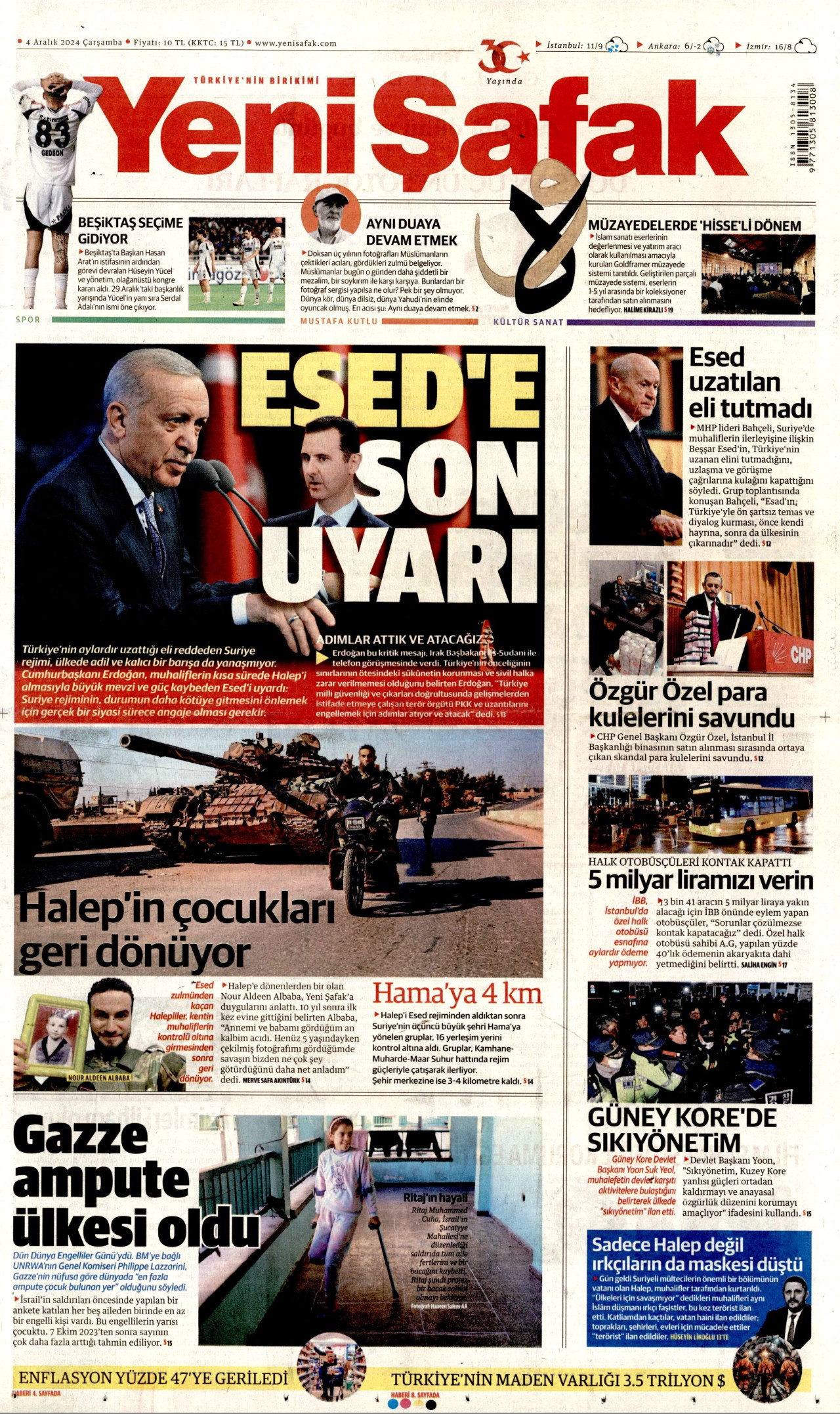 YENİ ŞAFAK gazetesinin 4 Aralık 2024 tarihli birinci sayfası