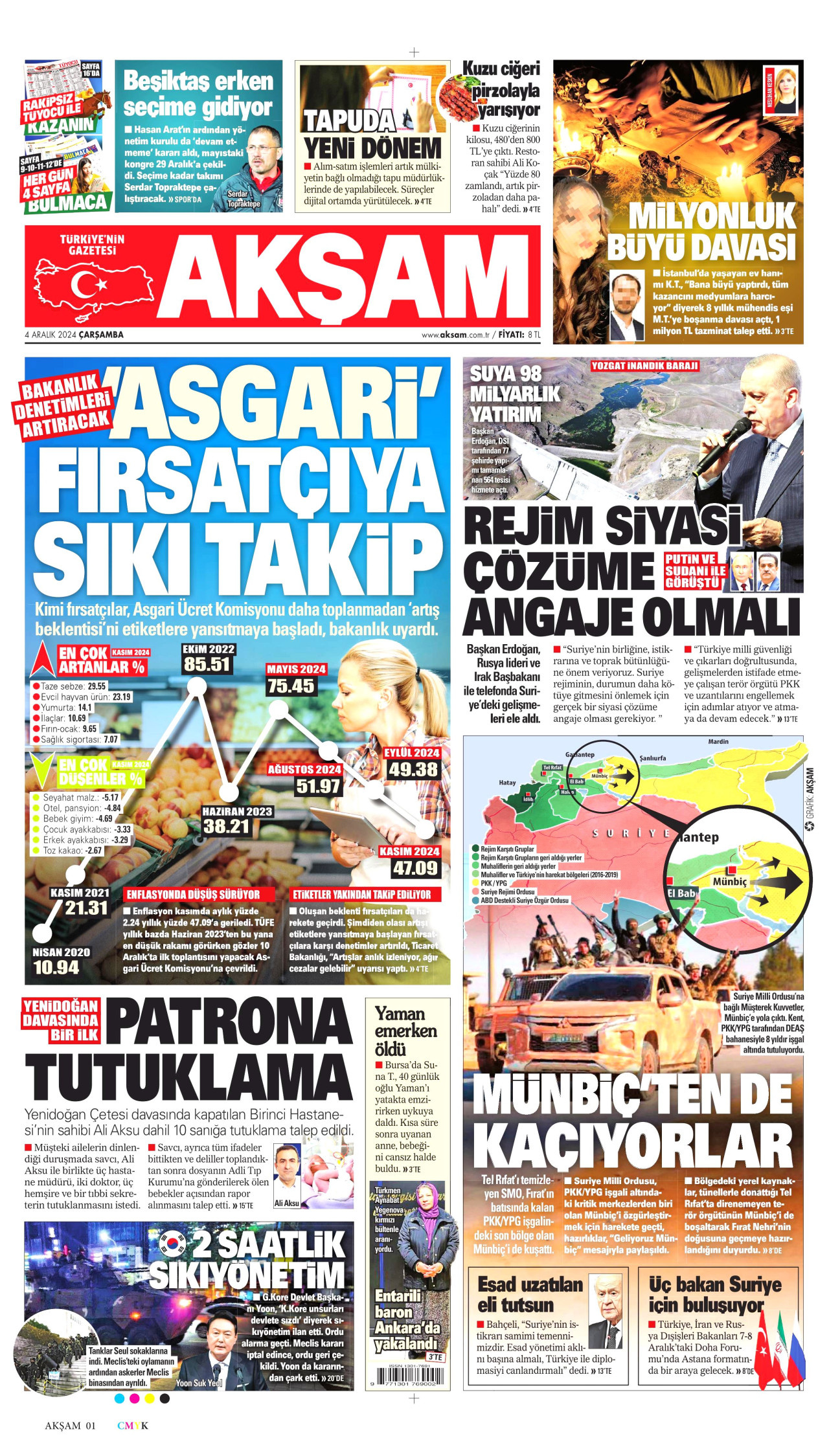 AKŞAM gazetesinin 4 Aralık 2024 tarihli birinci sayfası