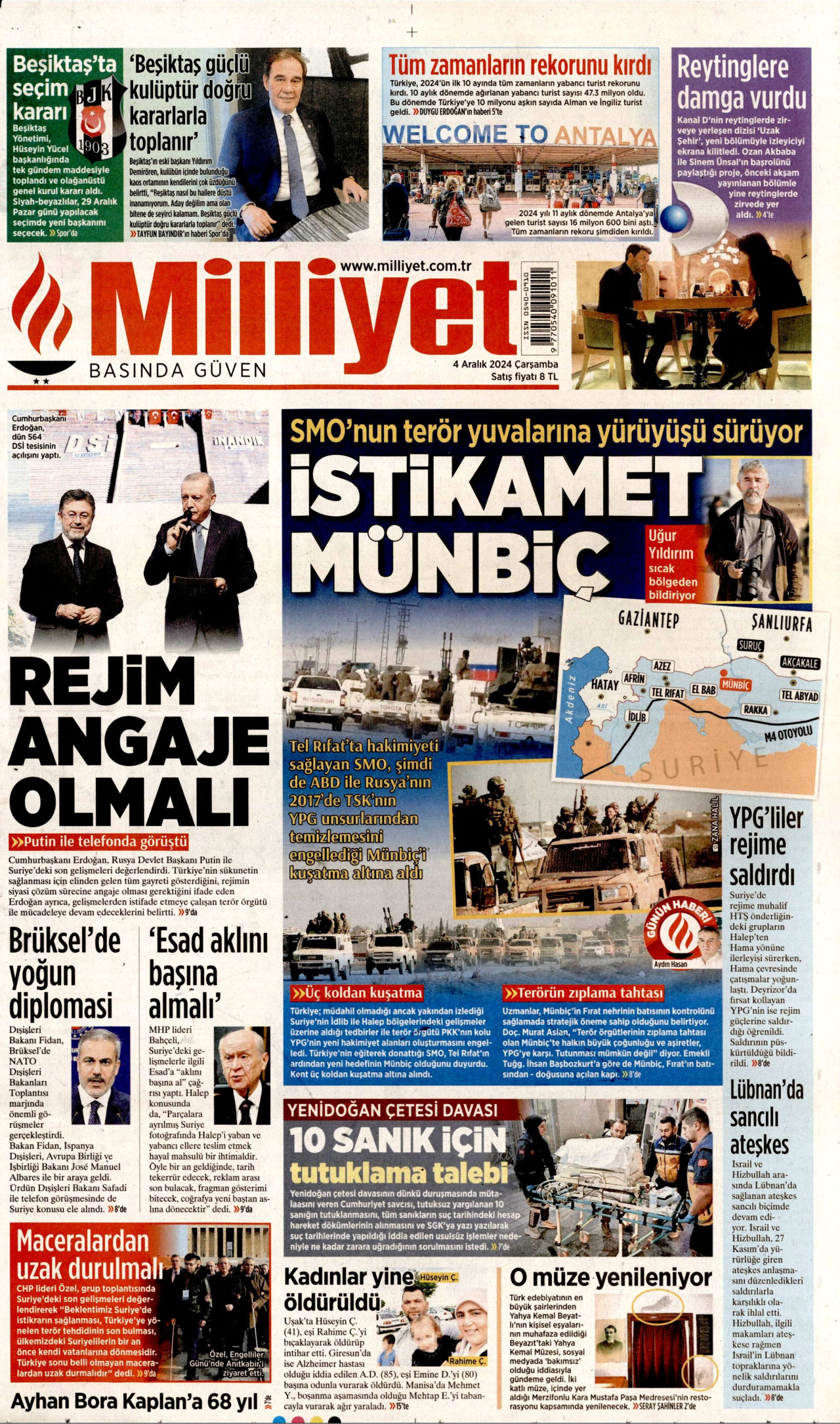 MİLLİYET gazetesinin 4 Aralık 2024 tarihli birinci sayfası