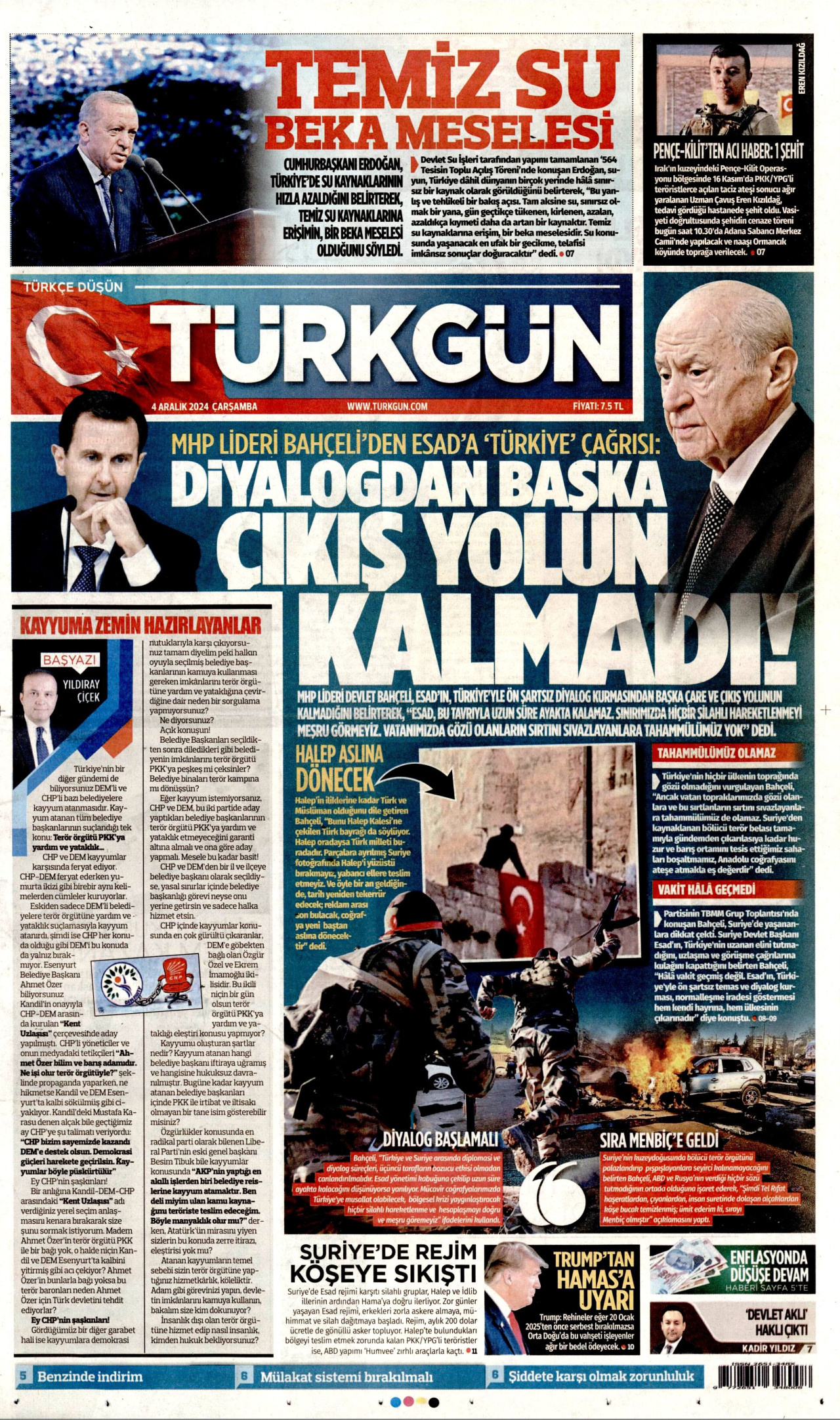 TÜRKGÜN gazetesinin 4 Aralık 2024 tarihli birinci sayfası