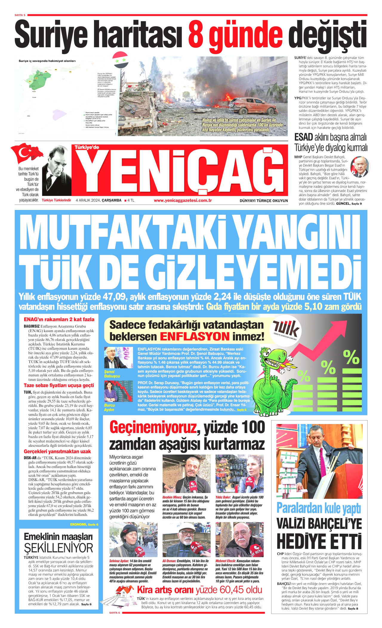 YENİÇAĞ gazetesinin 4 Aralık 2024 tarihli birinci sayfası