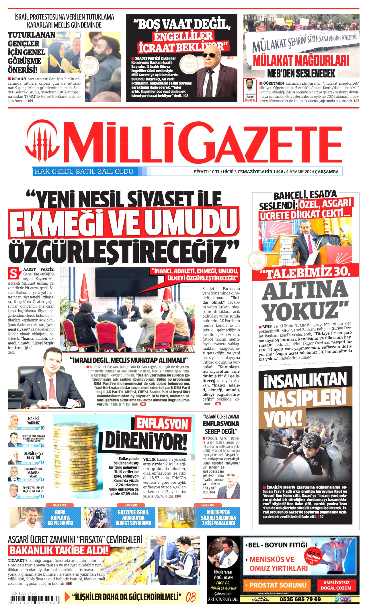 MİLLİ GAZETE gazetesinin 4 Aralık 2024 tarihli birinci sayfası