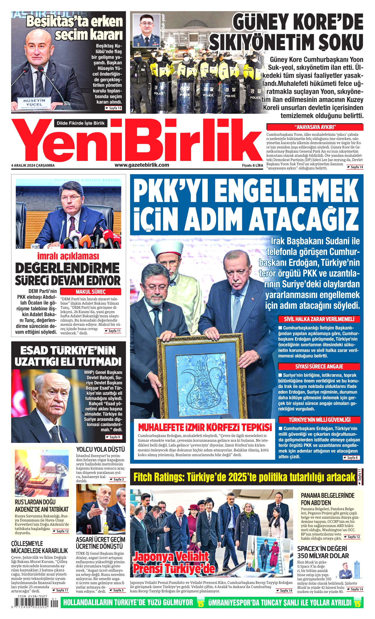 YENİBİRLİK gazetesinin 4 Aralık 2024 tarihli birinci sayfası