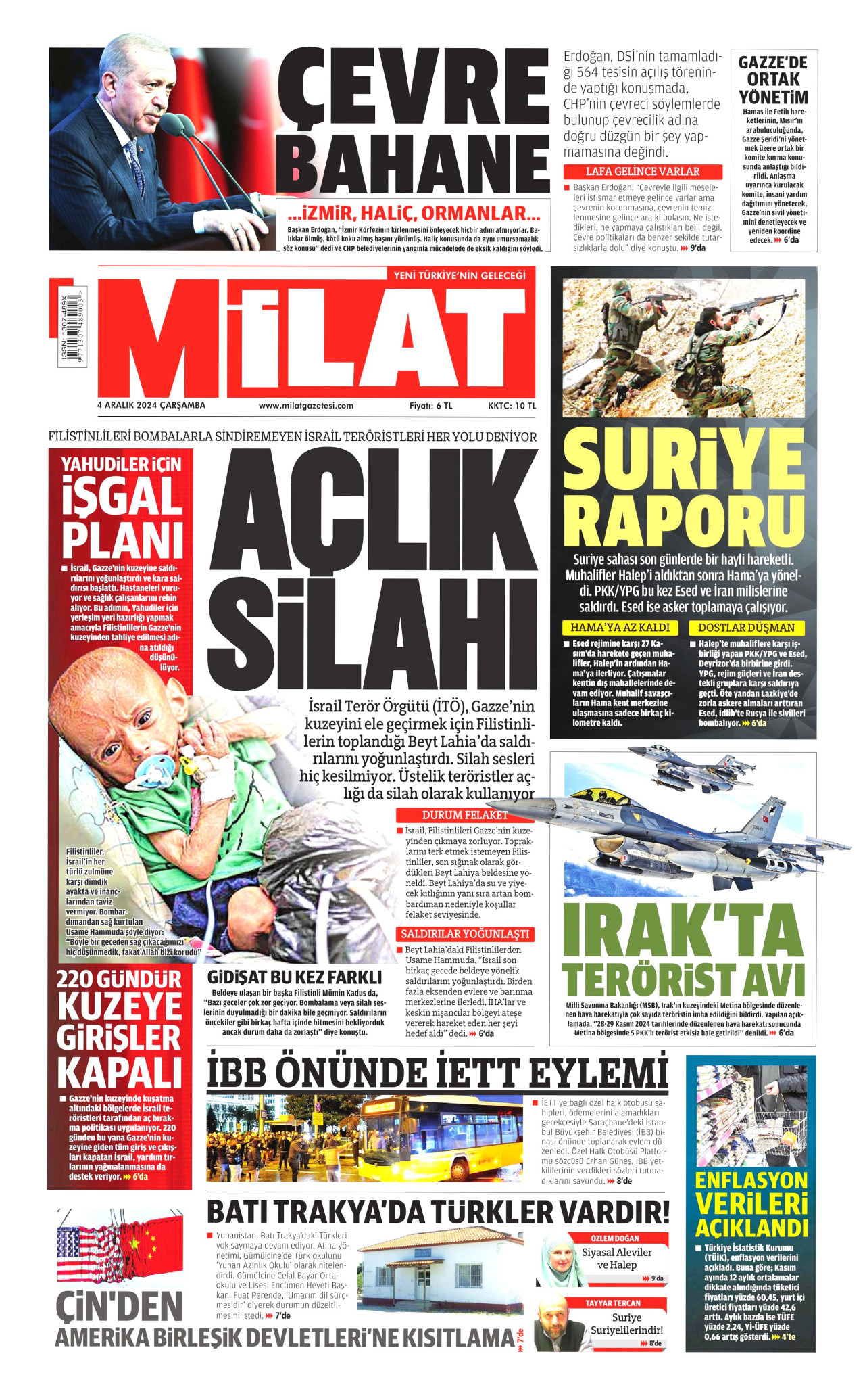 MİLAT gazetesinin 4 Aralık 2024 tarihli birinci sayfası