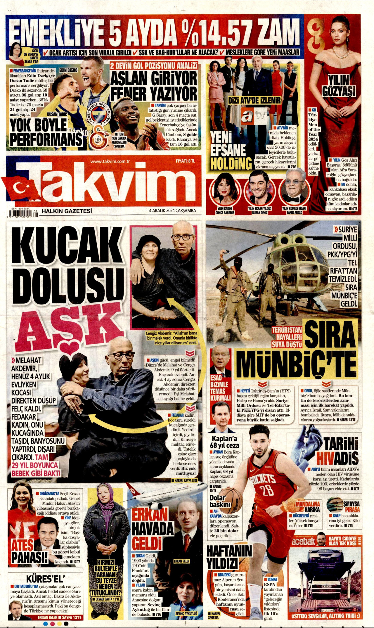 TAKVİM gazetesinin 4 Aralık 2024 tarihli birinci sayfası