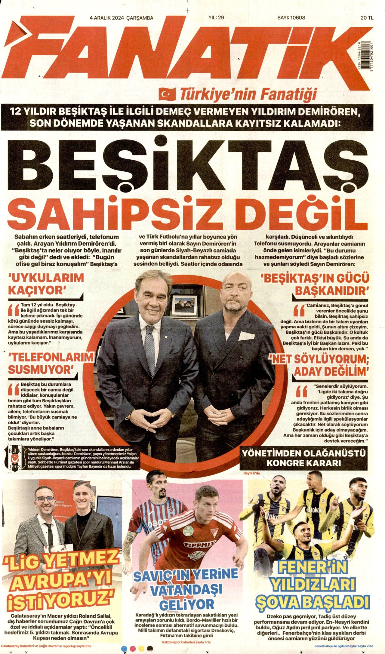 FANATİK gazetesinin 4 Aralık 2024 tarihli birinci sayfası