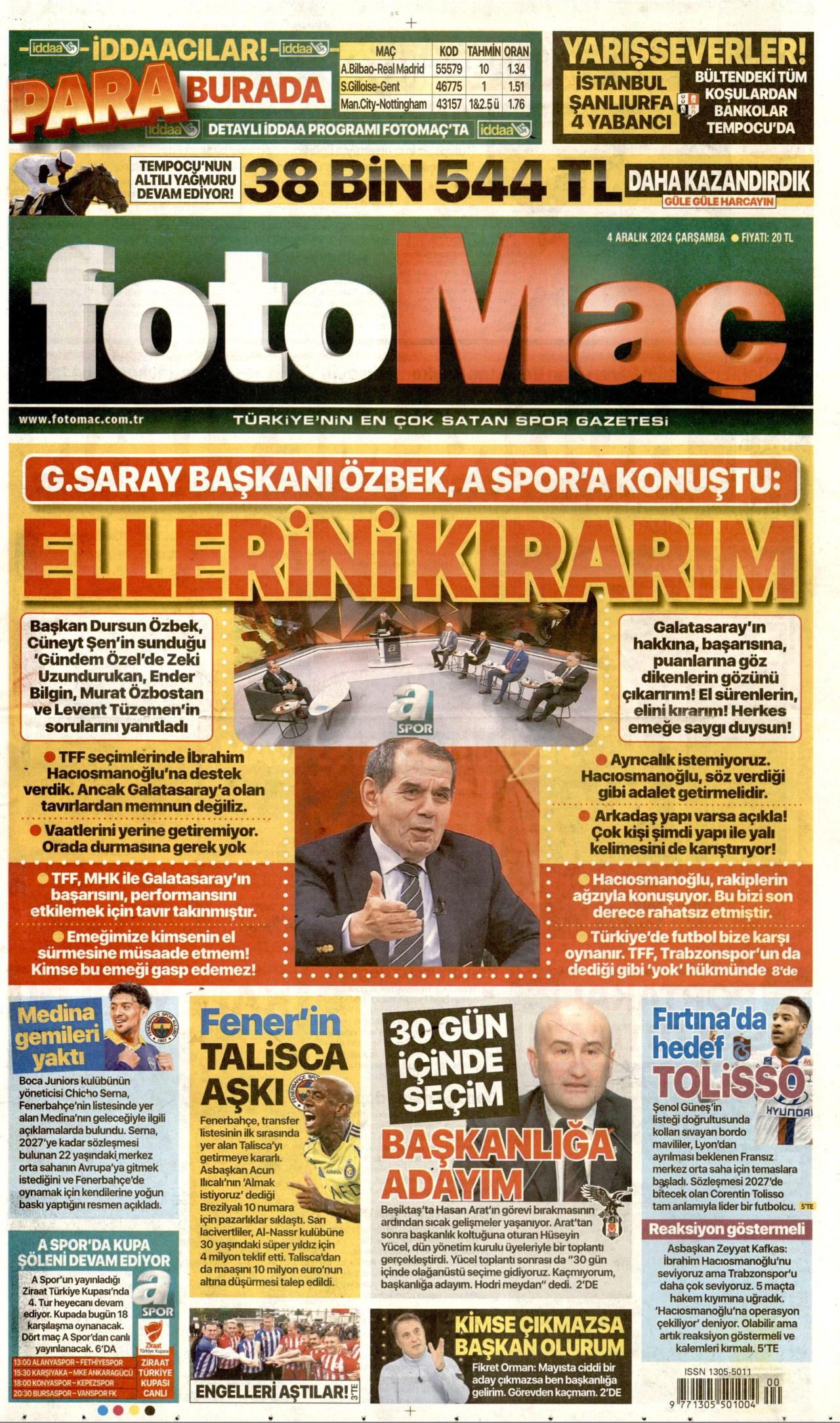 FOTOMAÇ gazetesinin 4 Aralık 2024 tarihli birinci sayfası