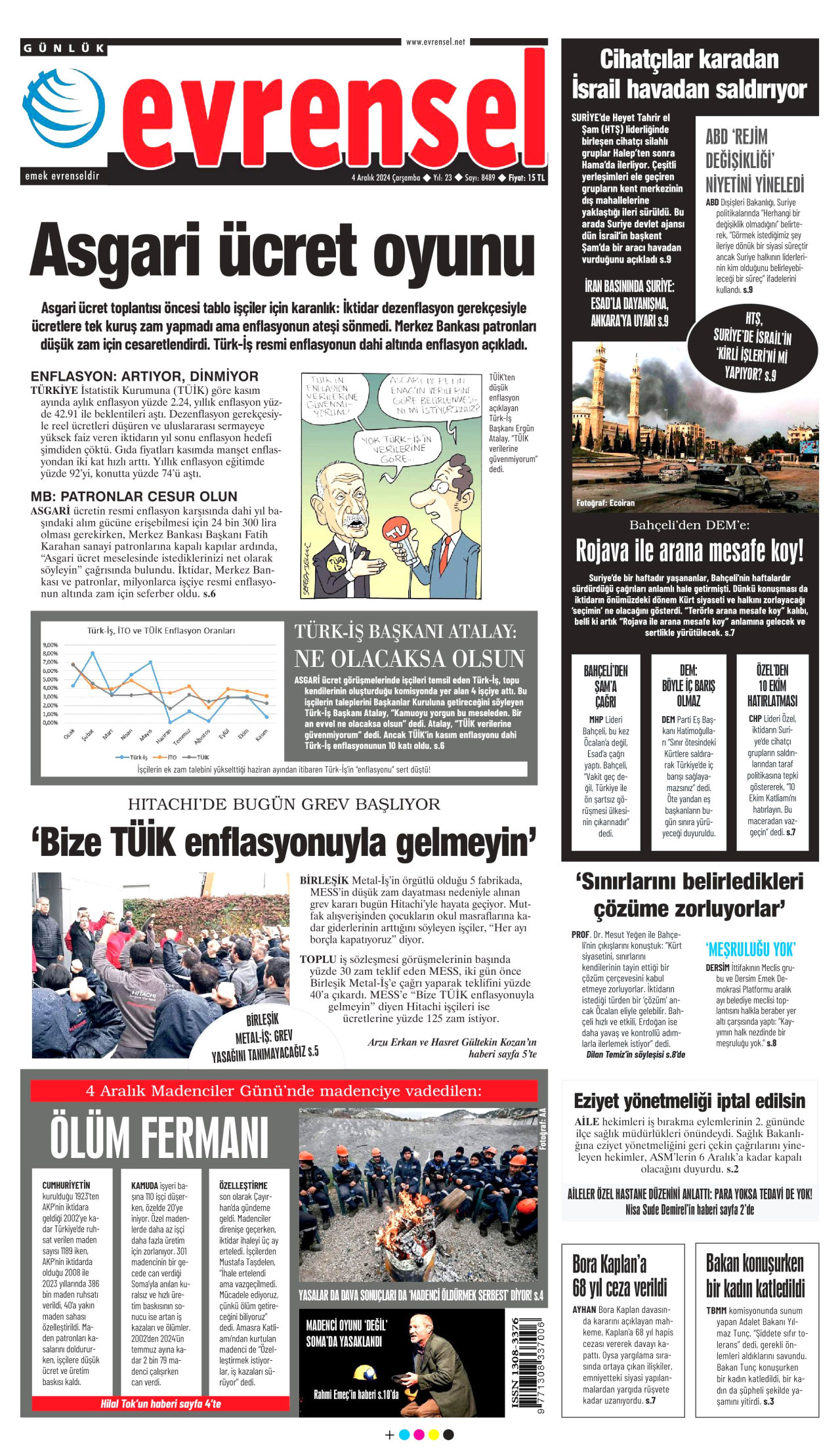 EVRENSEL gazetesinin 4 Aralık 2024 tarihli birinci sayfası
