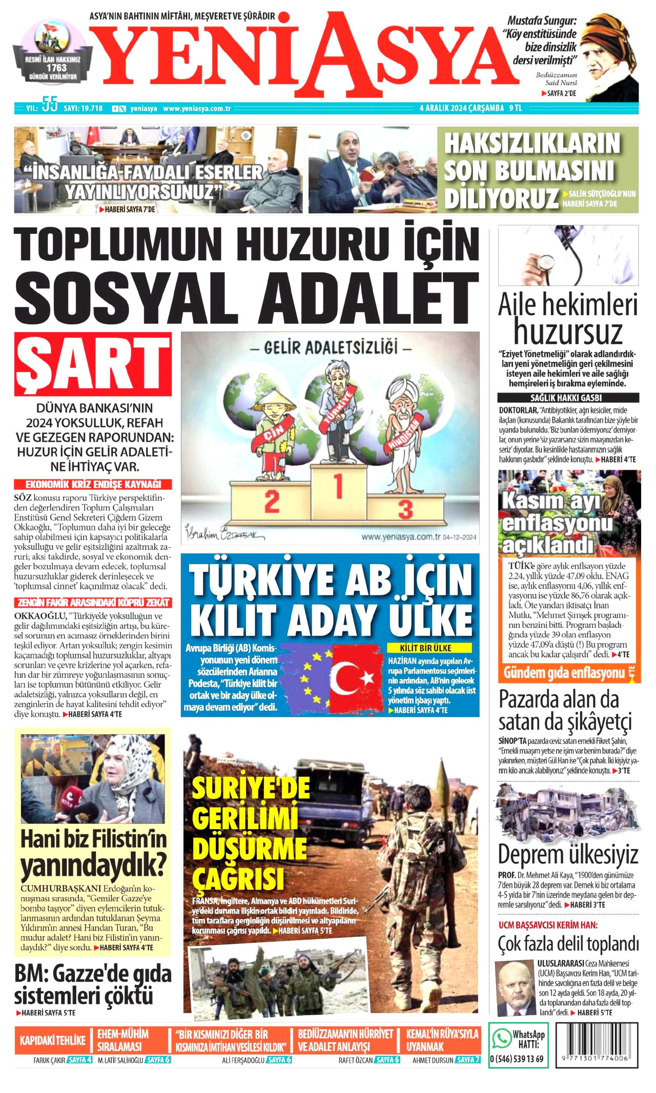 YENİ ASYA gazetesinin 4 Aralık 2024 tarihli birinci sayfası