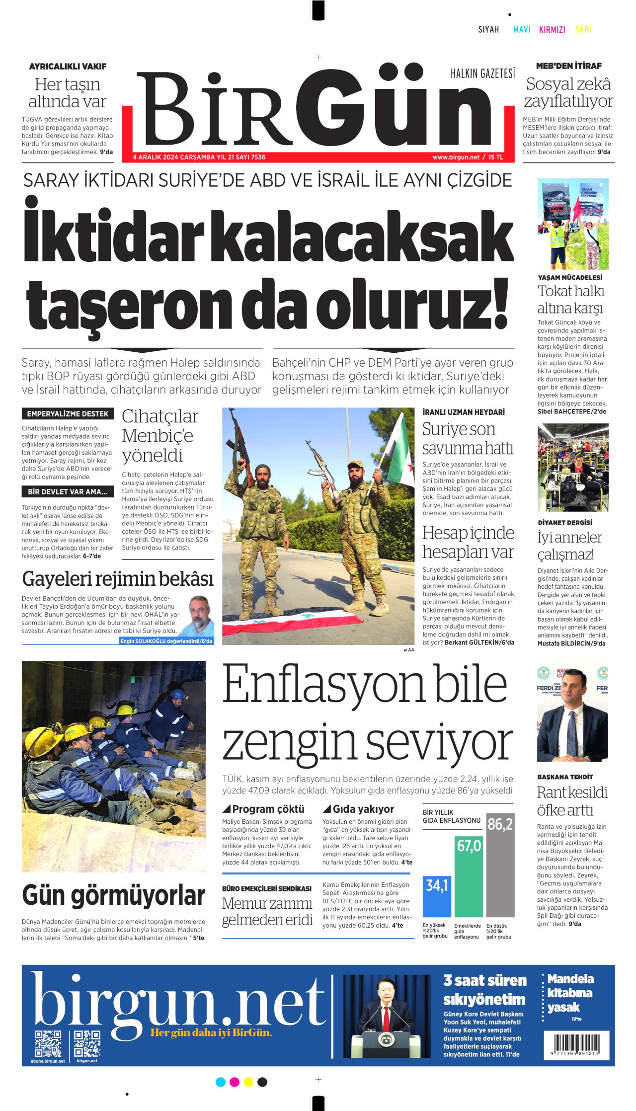 BİRGÜN gazetesinin 4 Aralık 2024 tarihli birinci sayfası
