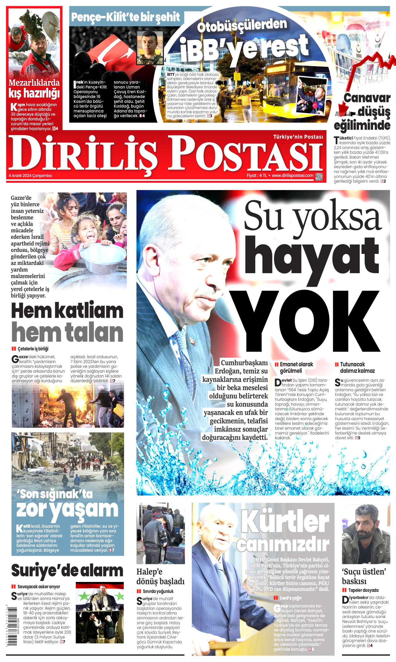DİRİLİŞ POSTASI gazetesinin 4 Aralık 2024 tarihli birinci sayfası