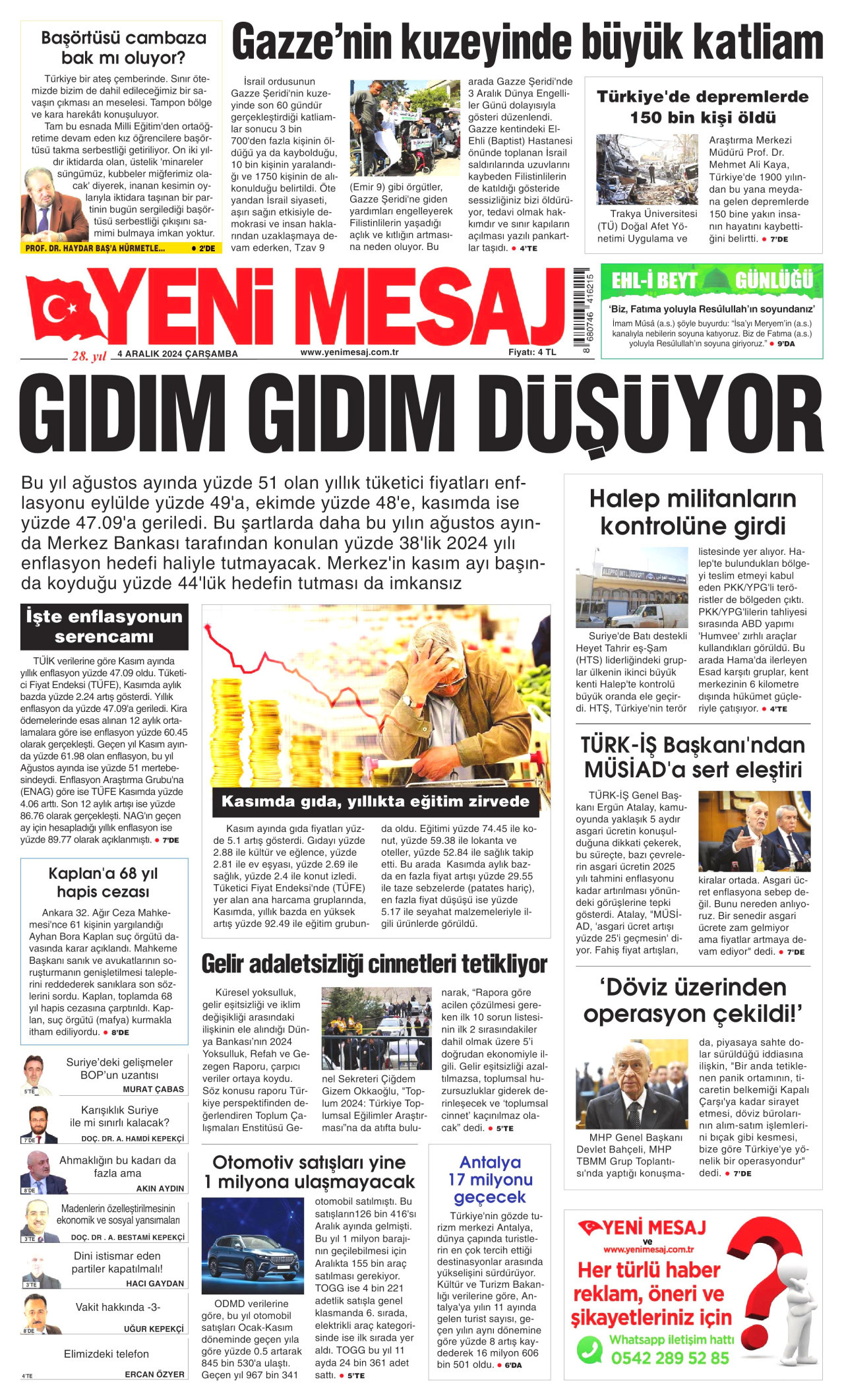 YENİ MESAJ gazetesinin 4 Aralık 2024 tarihli birinci sayfası