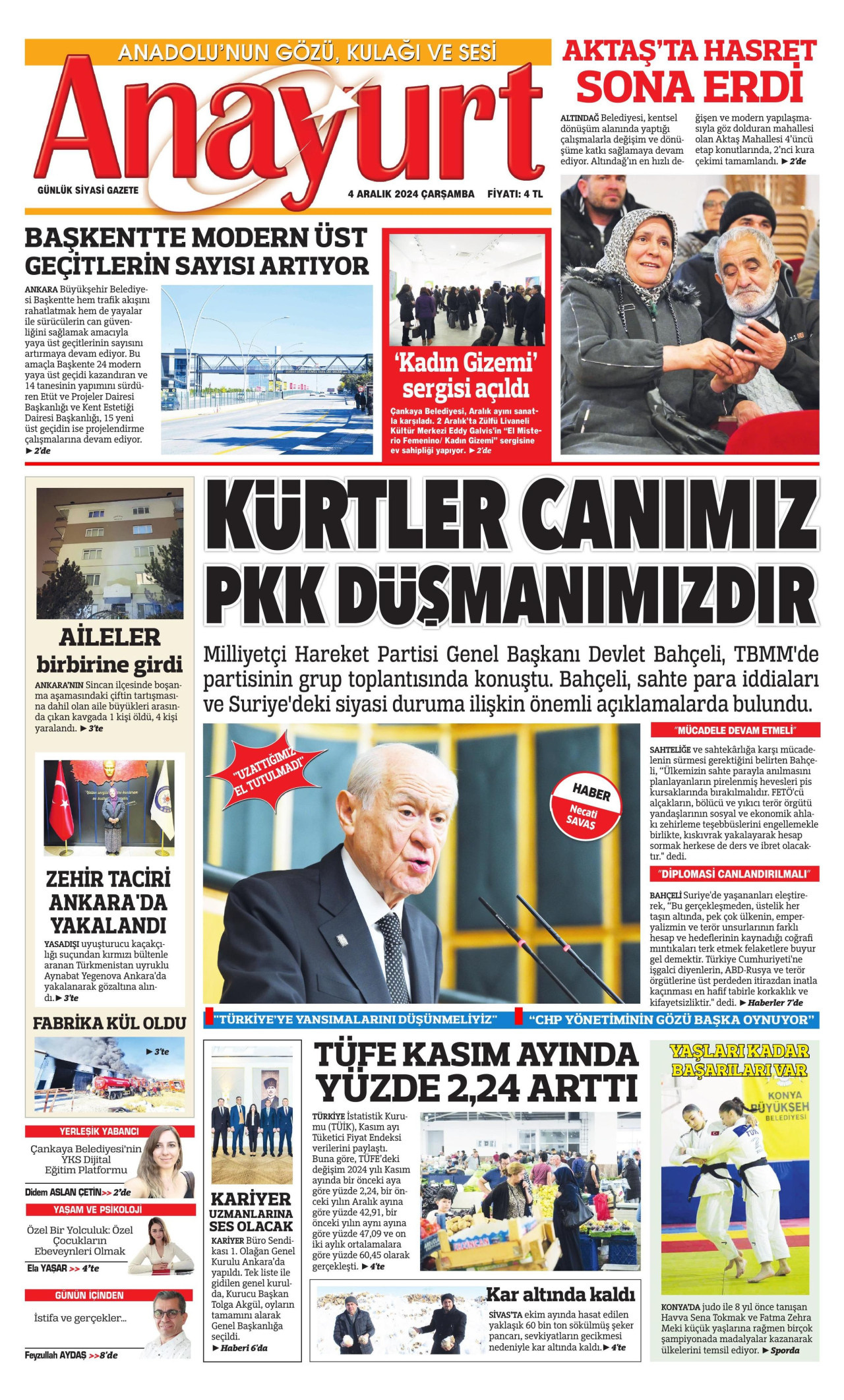 ANAYURT gazetesinin 4 Aralık 2024 tarihli birinci sayfası