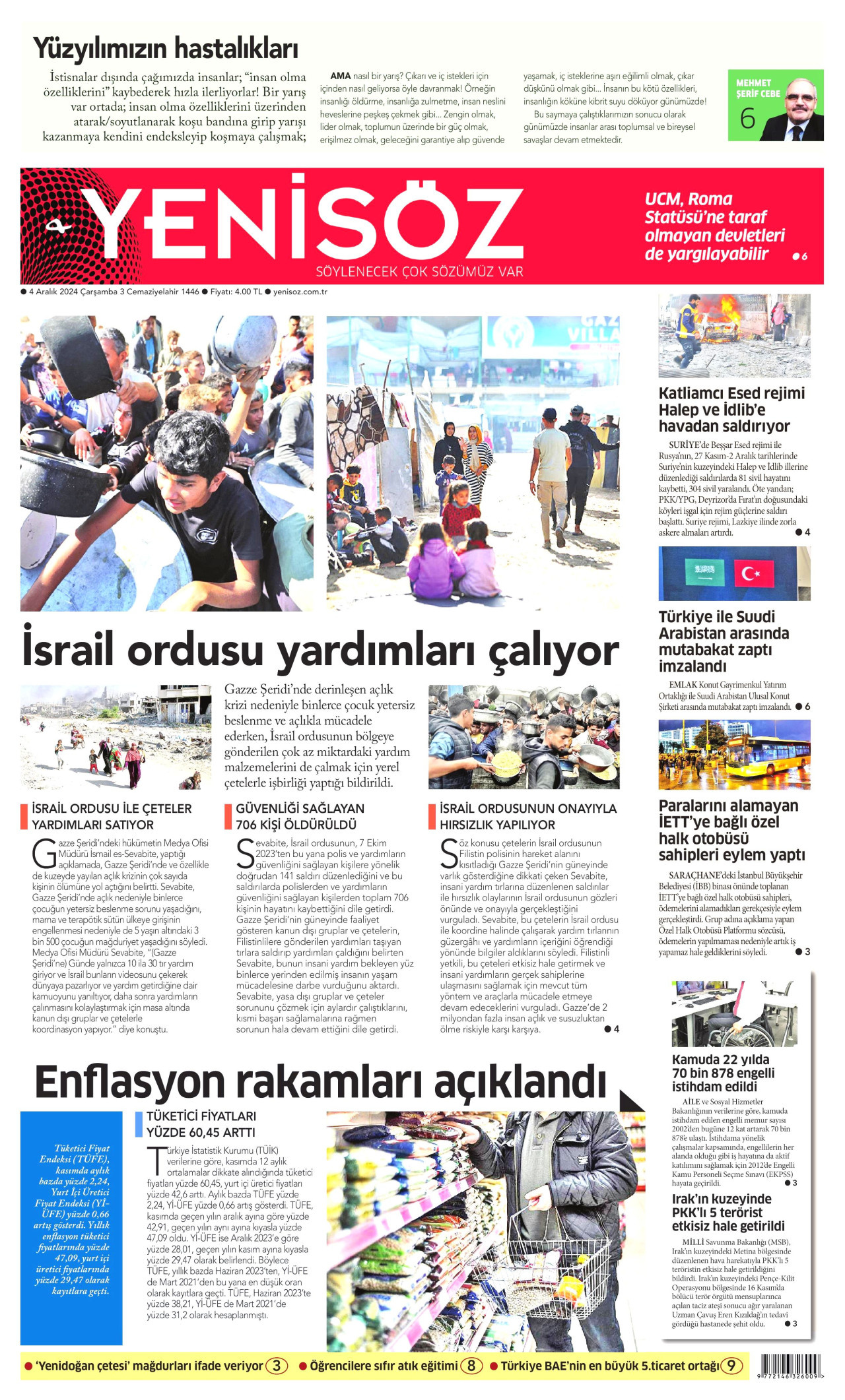 YENİ SÖZ GAZETESİ gazetesinin 4 Aralık 2024 tarihli birinci sayfası
