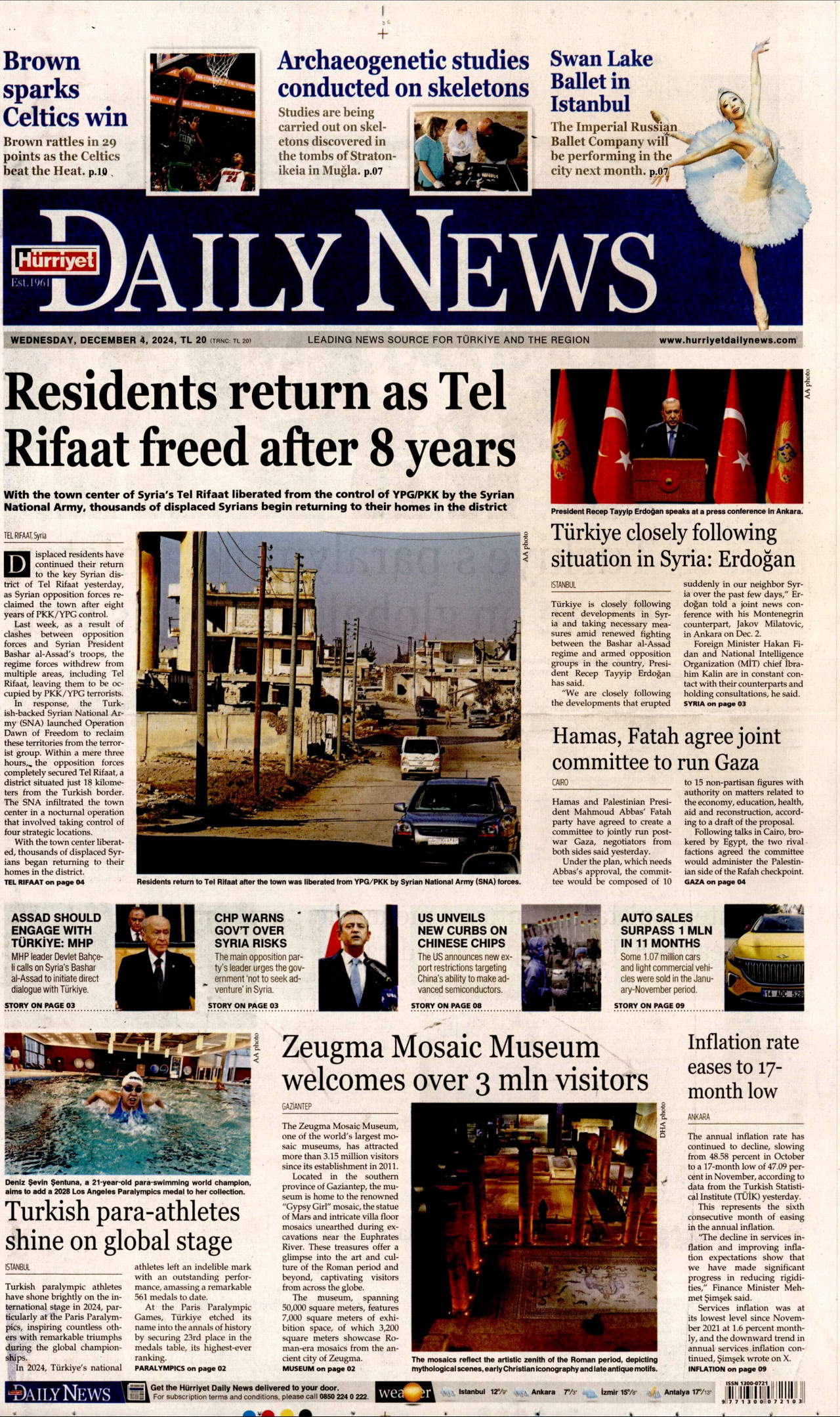 HÜRRİYET DAİLY NEWS gazetesinin 4 Aralık 2024 tarihli birinci sayfası