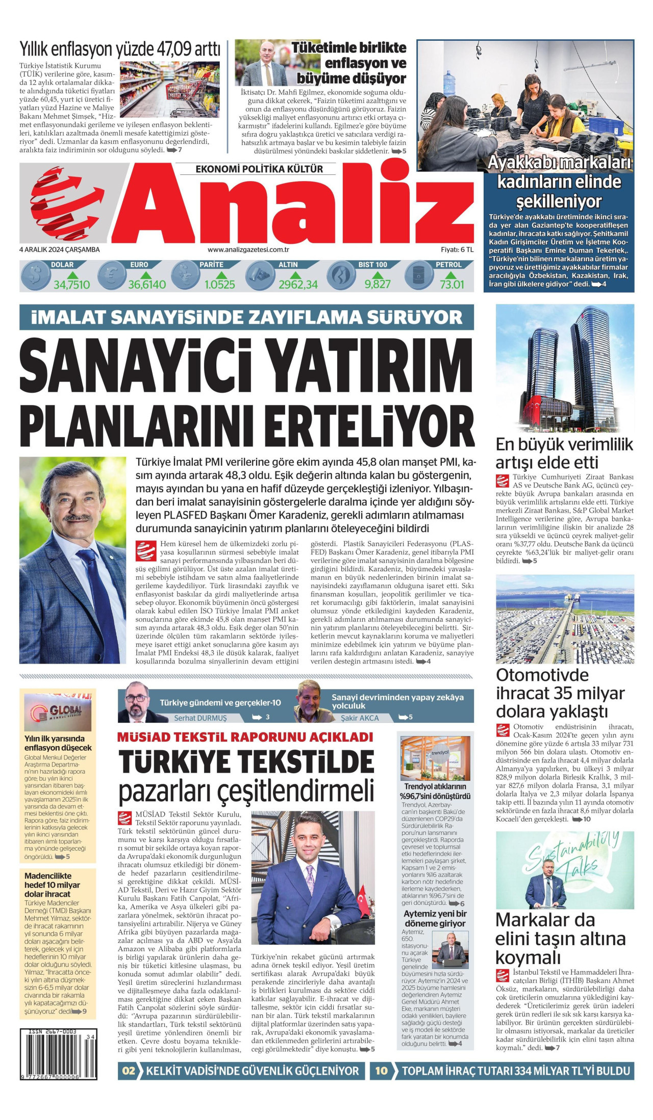 ANALİZ gazetesinin 4 Aralık 2024 tarihli birinci sayfası