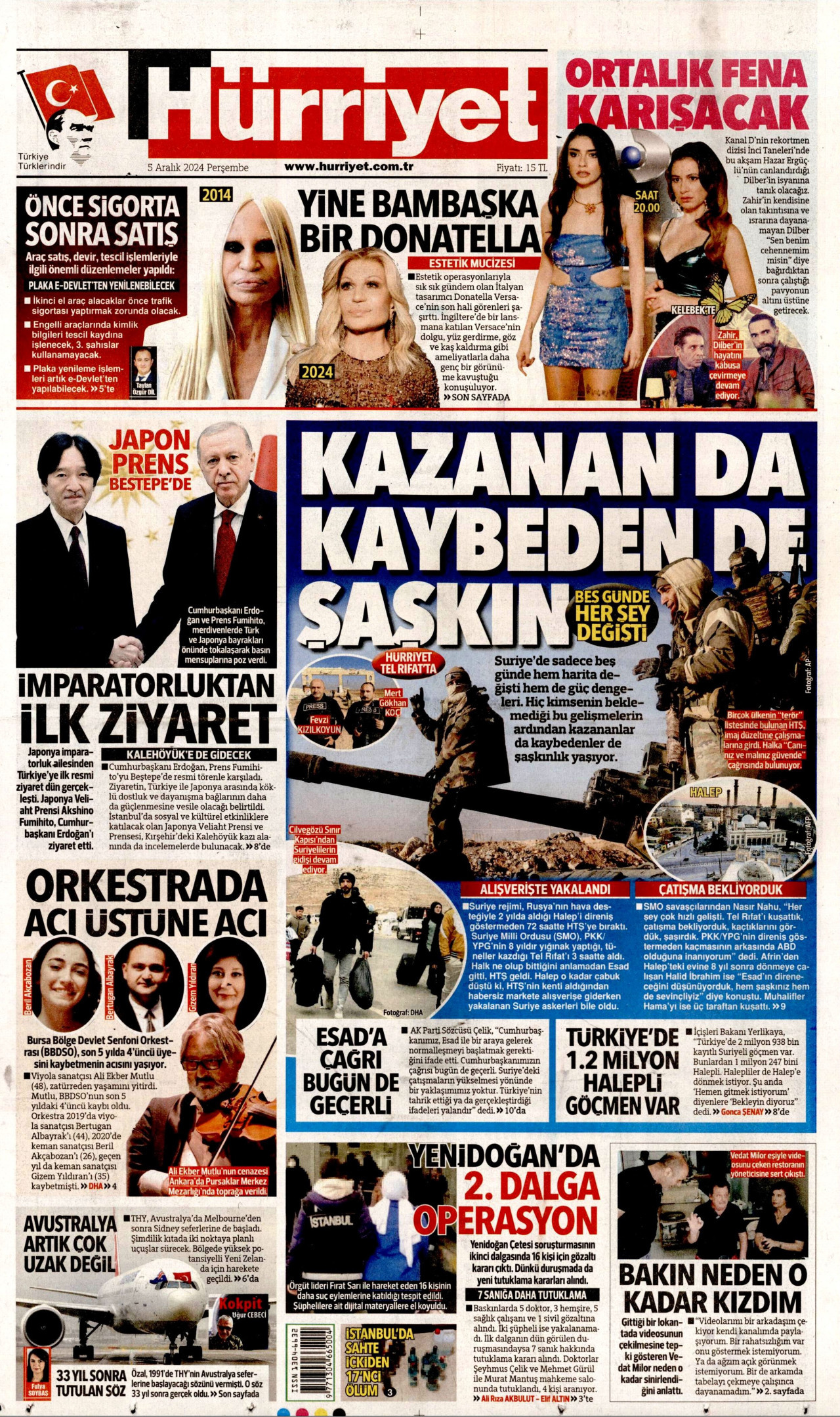 HÜRRİYET gazetesinin 5 Aralık 2024 tarihli birinci sayfası